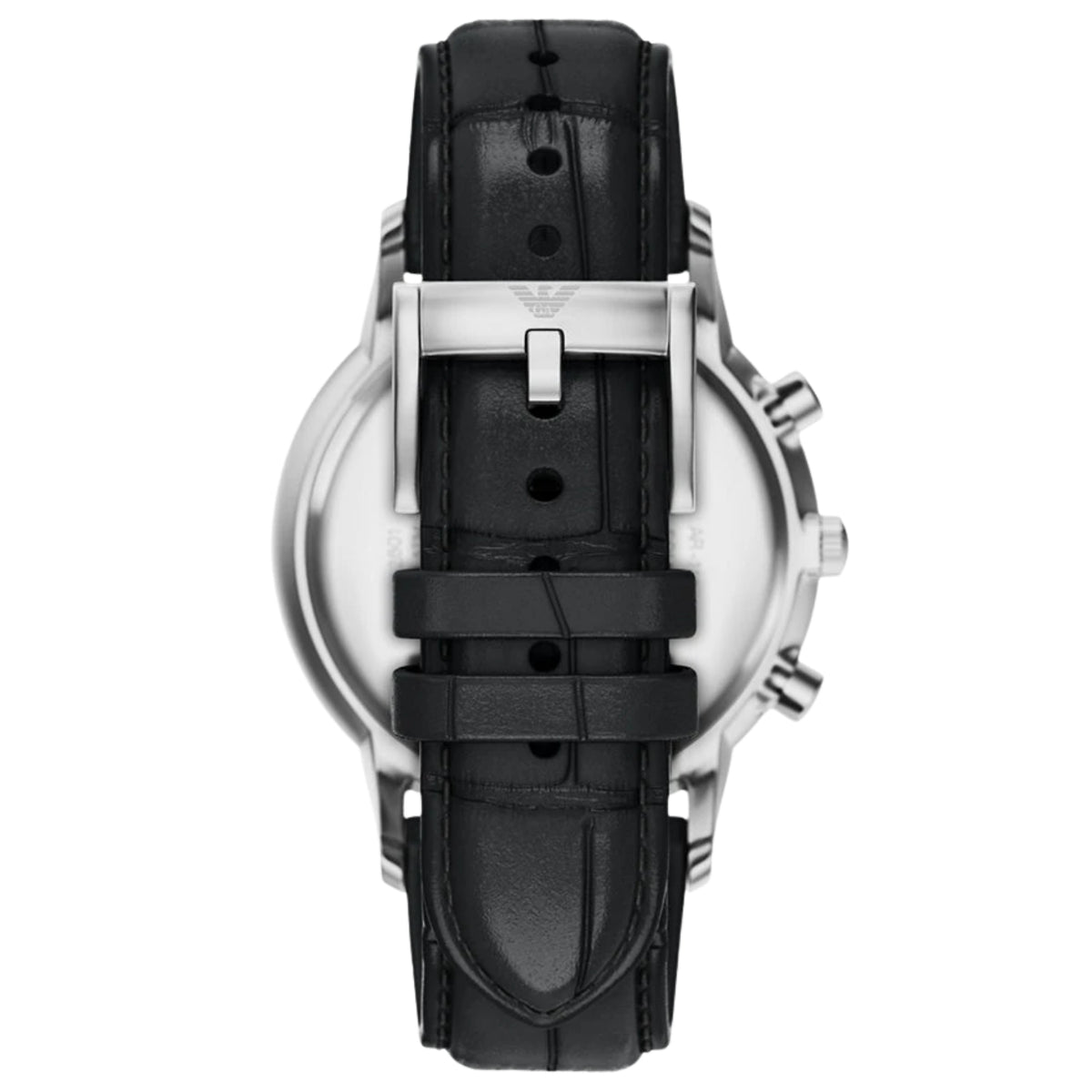 Back view of the Emporio Armani Archetipo AR11820 watch showcasing the black leather strap and steel pin buckle