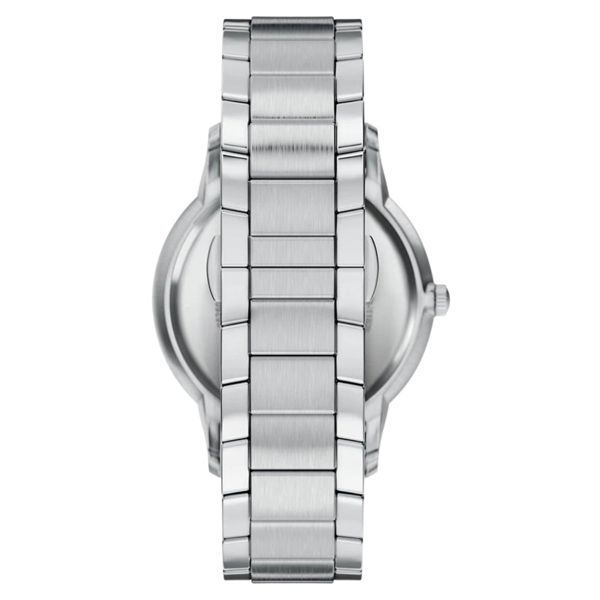 Straight back view of the Emporio Armani Archetipo AR11825 watch displaying the brushed stainless steel bracelet band
