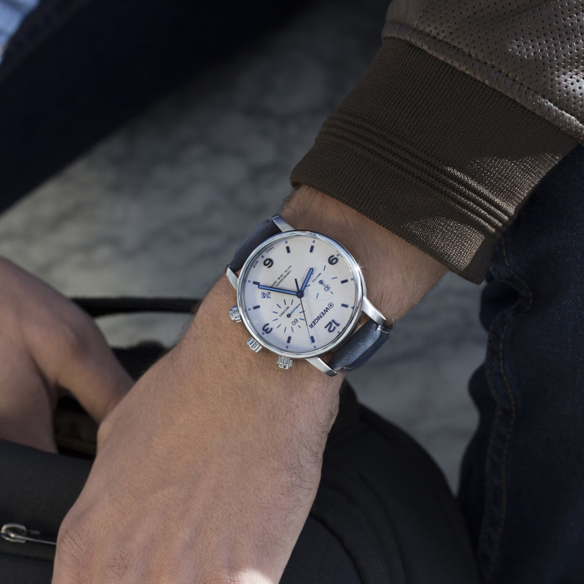 Wenger Urban Metropolitan 01.1743.119 wrist portrait showing cream dial chronograph watch styled with casual wear