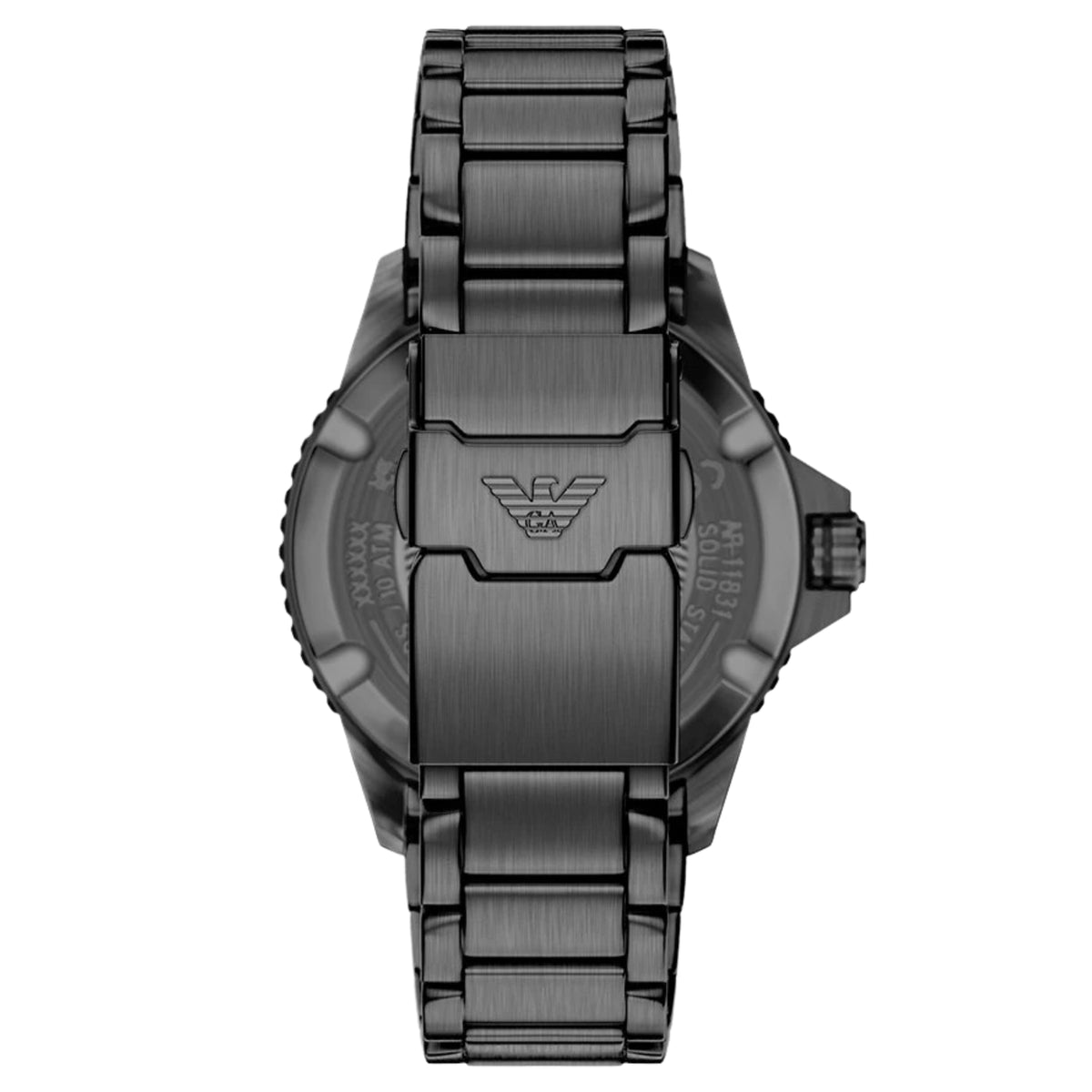 Straight back view of the Emporio Armani World Explorer AR11831 watch featuring the black stainless steel bracelet and engraved closure
