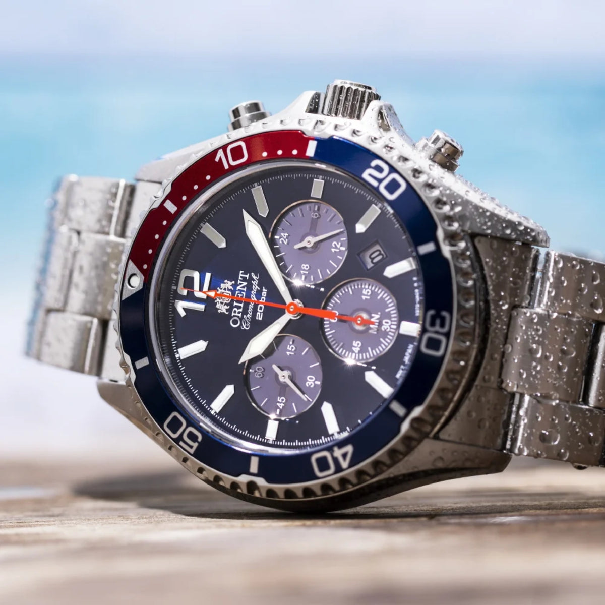 Orient Mako 43mm Chronograph Blue Dial Steel Mens Solar Quartz Watch RA-TX0201L30B