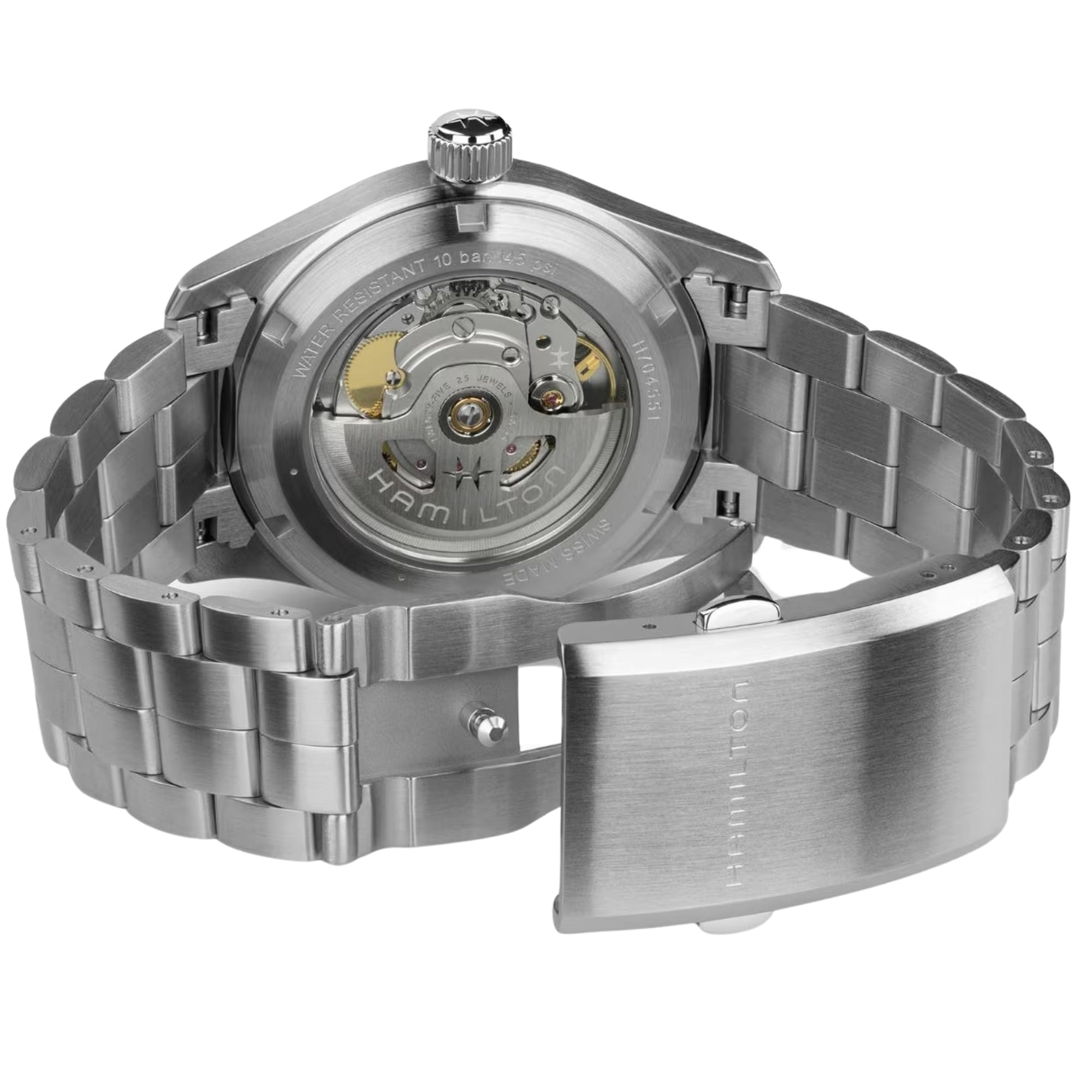 Hamilton Khaki Field H70455160 transparent case back showing automatic movement and steel bracelet clasp