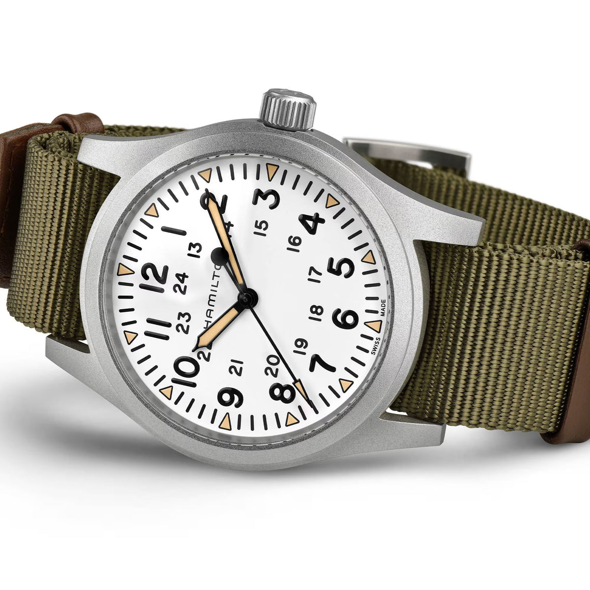 Hamilton Khaki Field H69529913 42mm white dial and olive green NATO strap detail