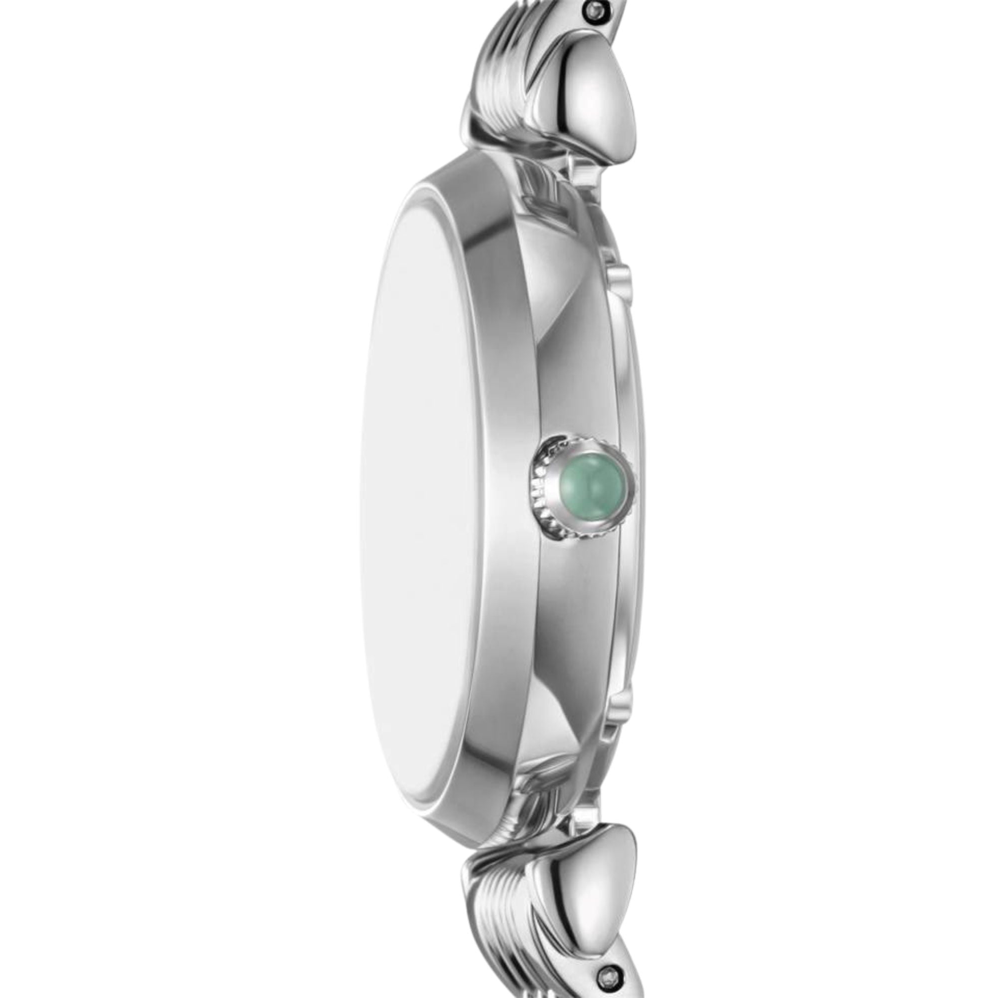 Ladies steel quartz watch side profile, round case with green crown, link bracelet