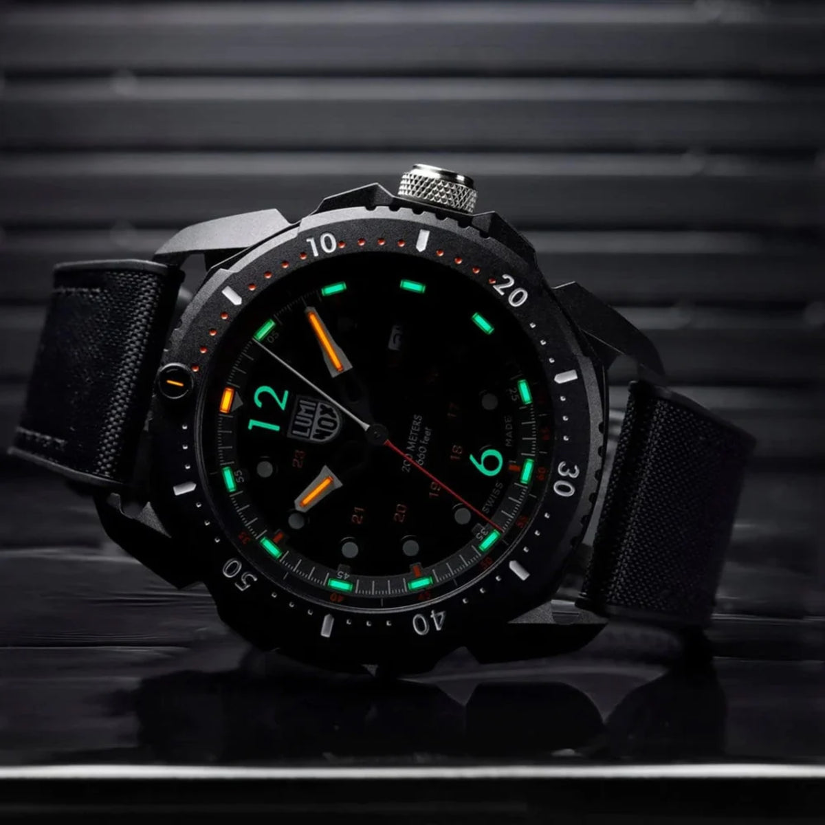 Luminox ICE SAR Arctic 1050 Series XL.1052 black dial watch glowing green in dark setting
