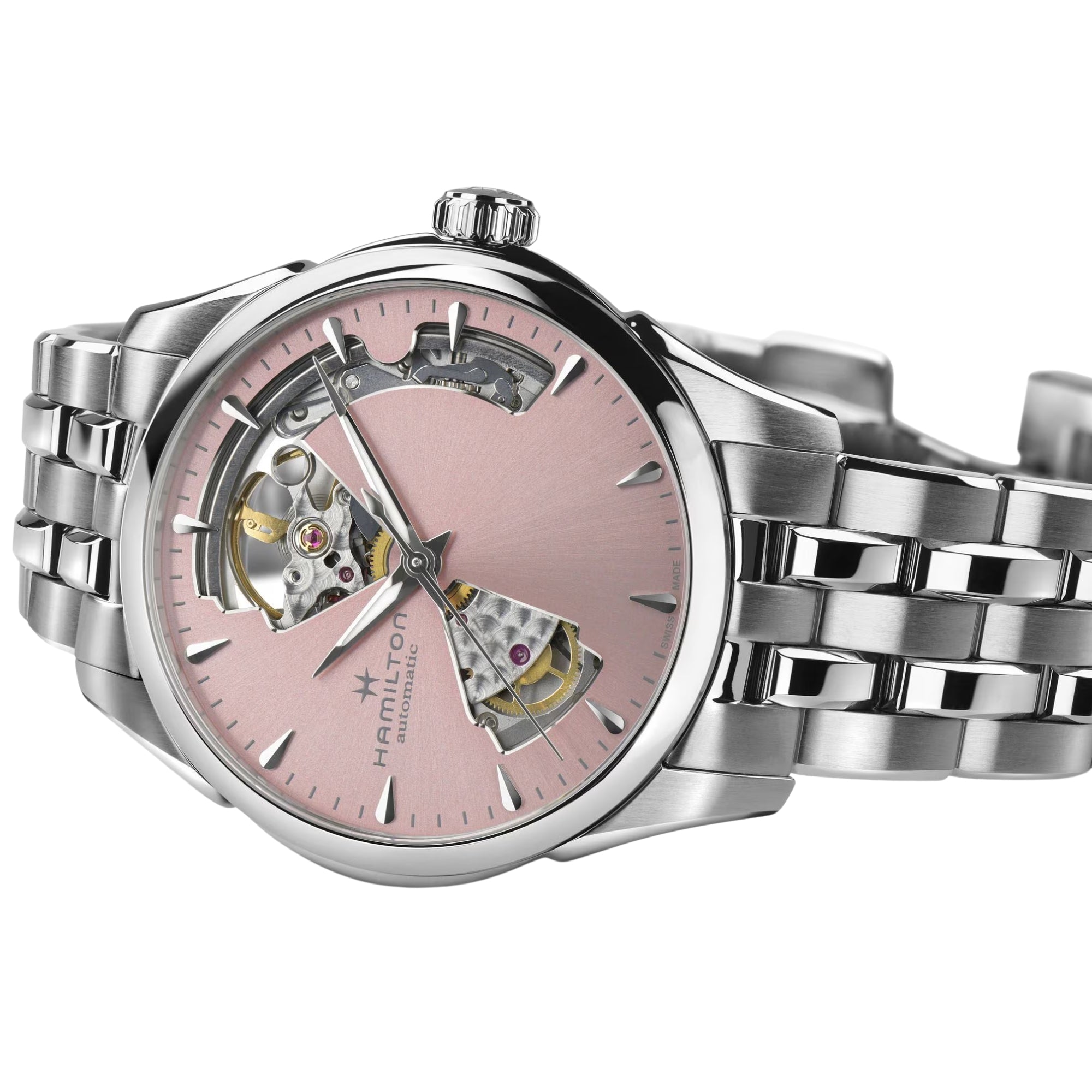 Hamilton Jazzmaster open-heart watch, pink dial with visible automatic movement, steel case