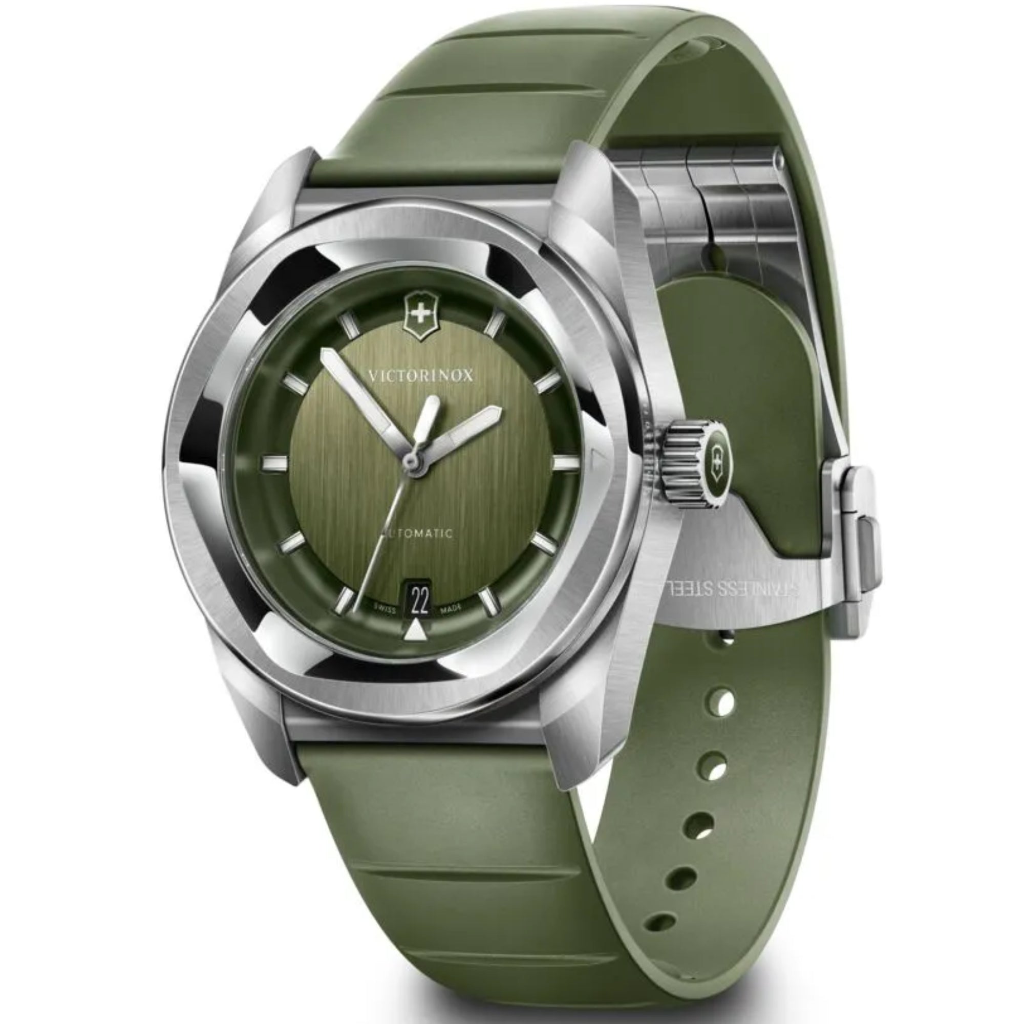 Victorinox 242058 green dial with date display and luminous hands close-up