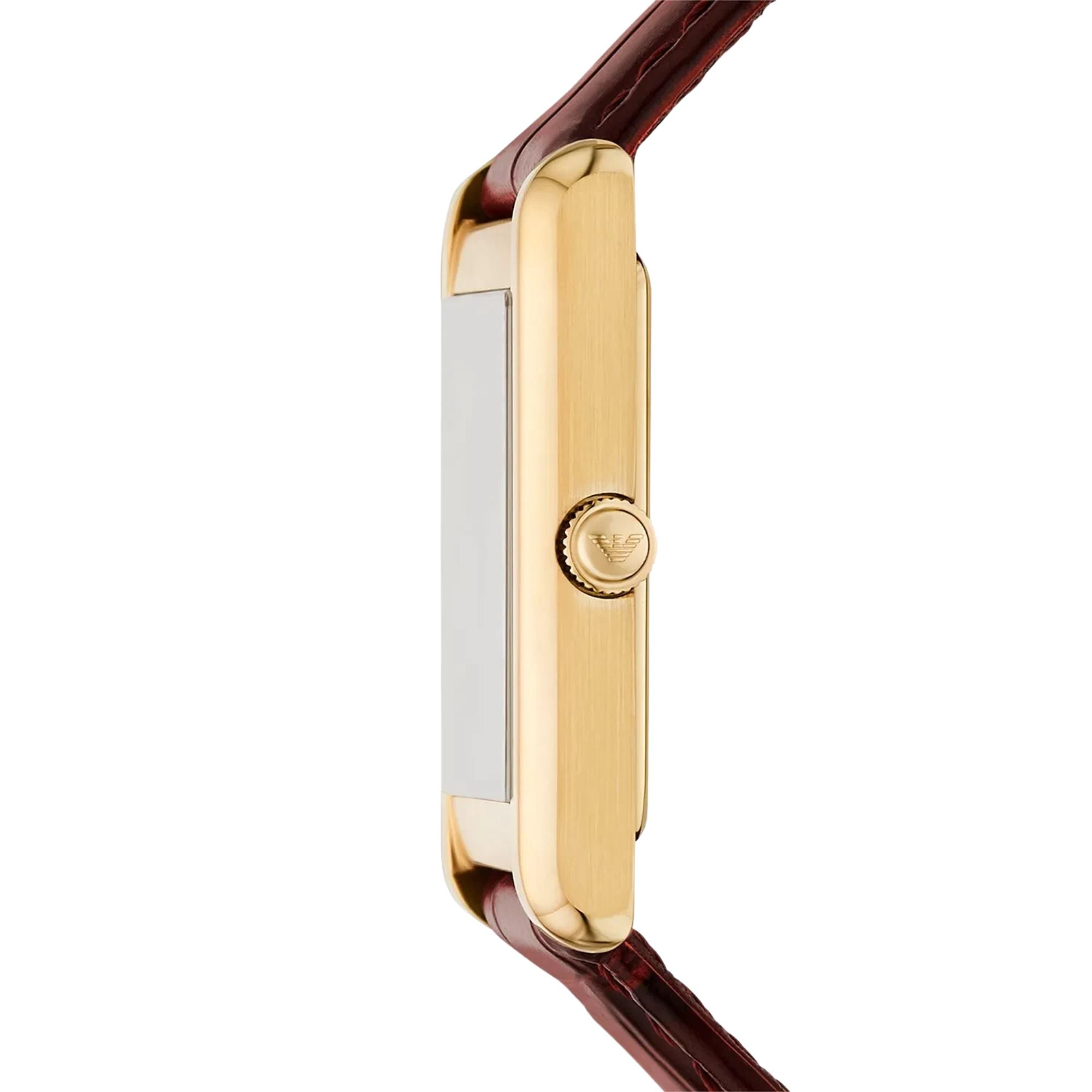 Emporio Armani Gino quartz watch side view, gold-tone case and brown leather strap