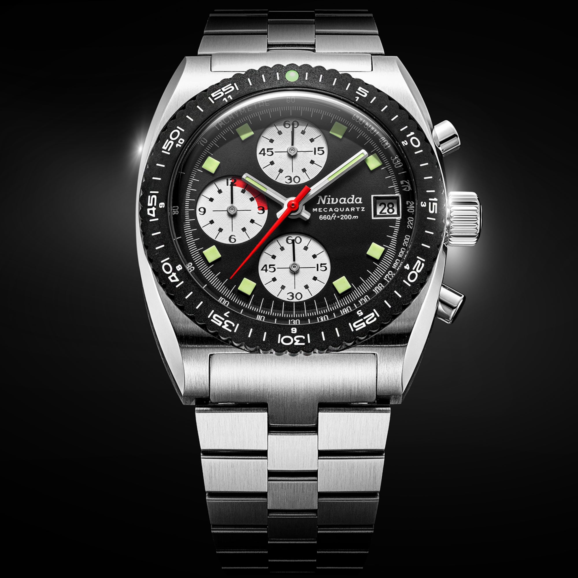 Nivada Grenchen Autochron Mecaquartz 38mm Reverse Panda Chronograph Black Dial Steel Mens Quartz Watch 77007Q45