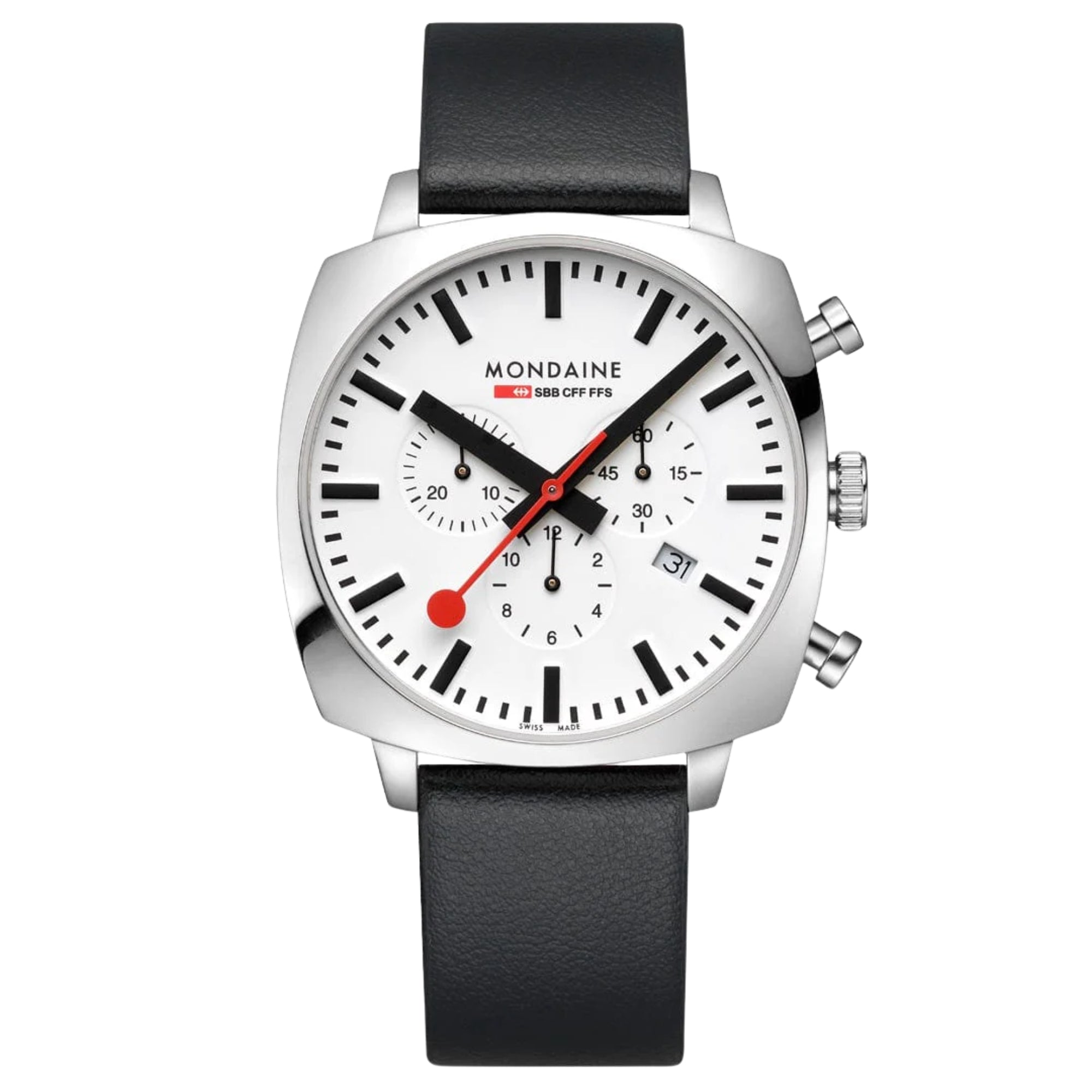 Mondaine Grand Cushion MSL.41410.LBV.SET straight-on view displaying white chronograph dial and stainless steel case