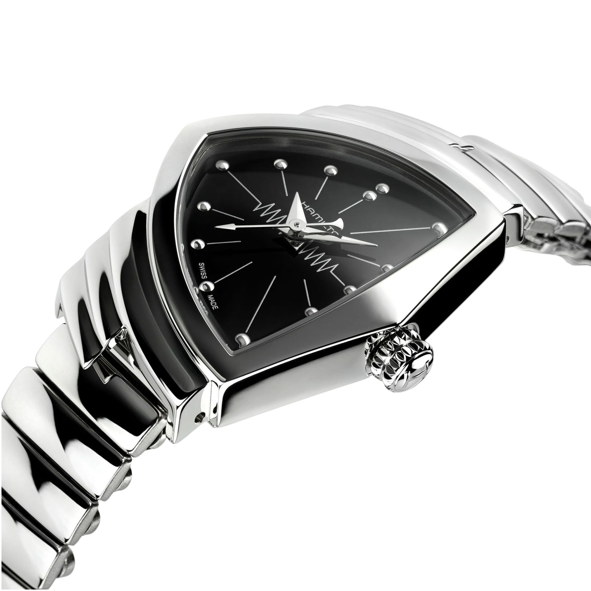 Stainless steel quartz watch with black triangular dial and reflective case, crown side