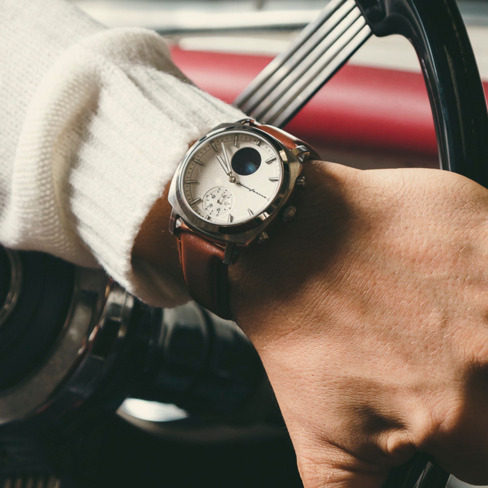 Pininfarina Senso Hybrid Moonlight Silver White Dial Brown Leather Strap Men’s Watch PMH01A-01
