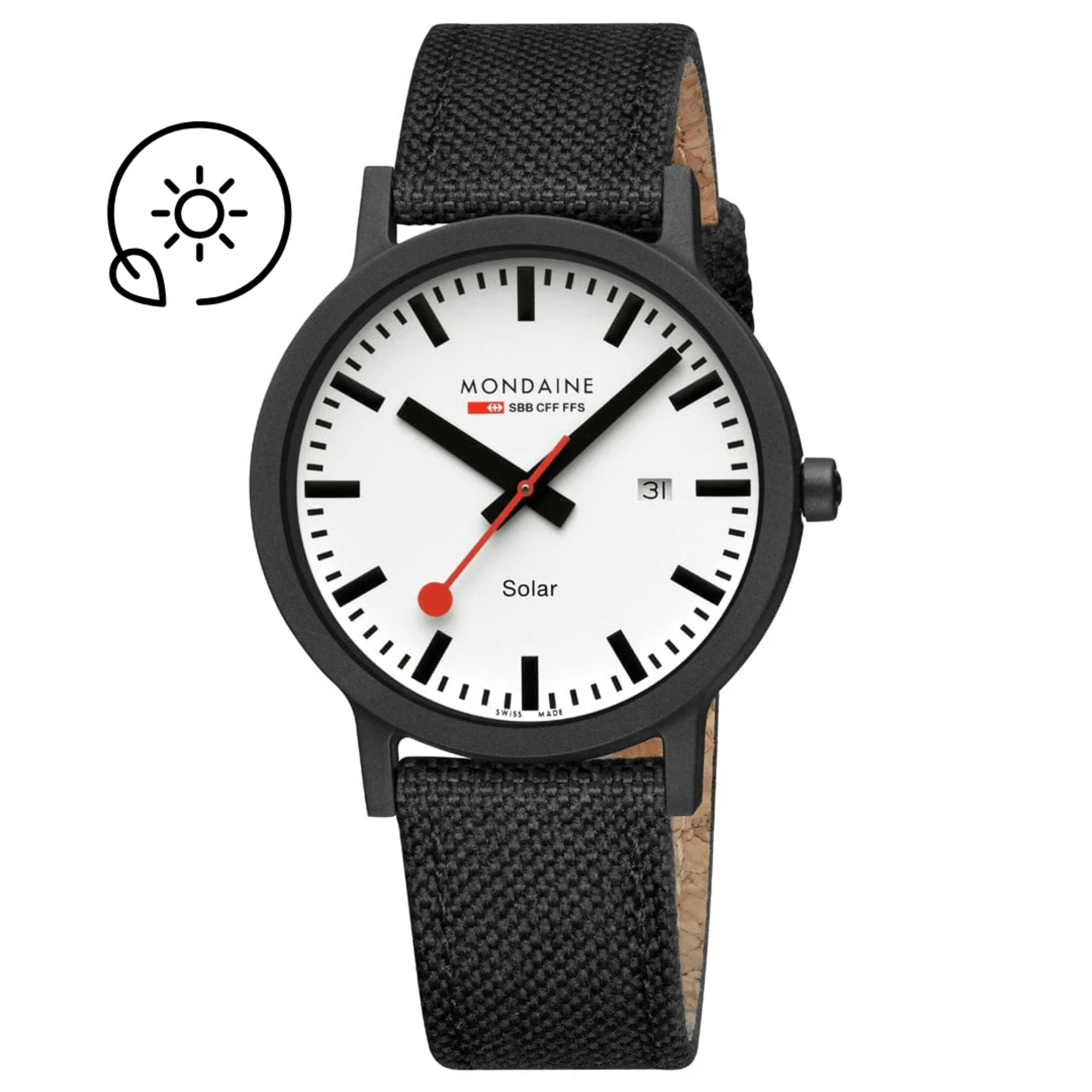 Front view of Mondaine Essence MS1.41910.LB solar watch with white SBB dial, black textile strap, and eco-friendly leaf-sun icon