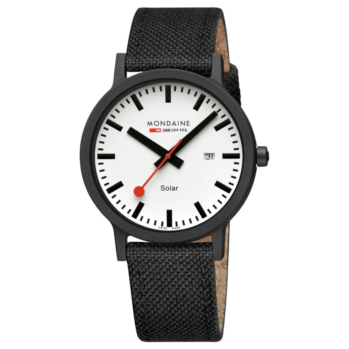 Front studio view of Mondaine Essence MS1.41910.LB solar watch with white dial, date window, and black nylon textile strap