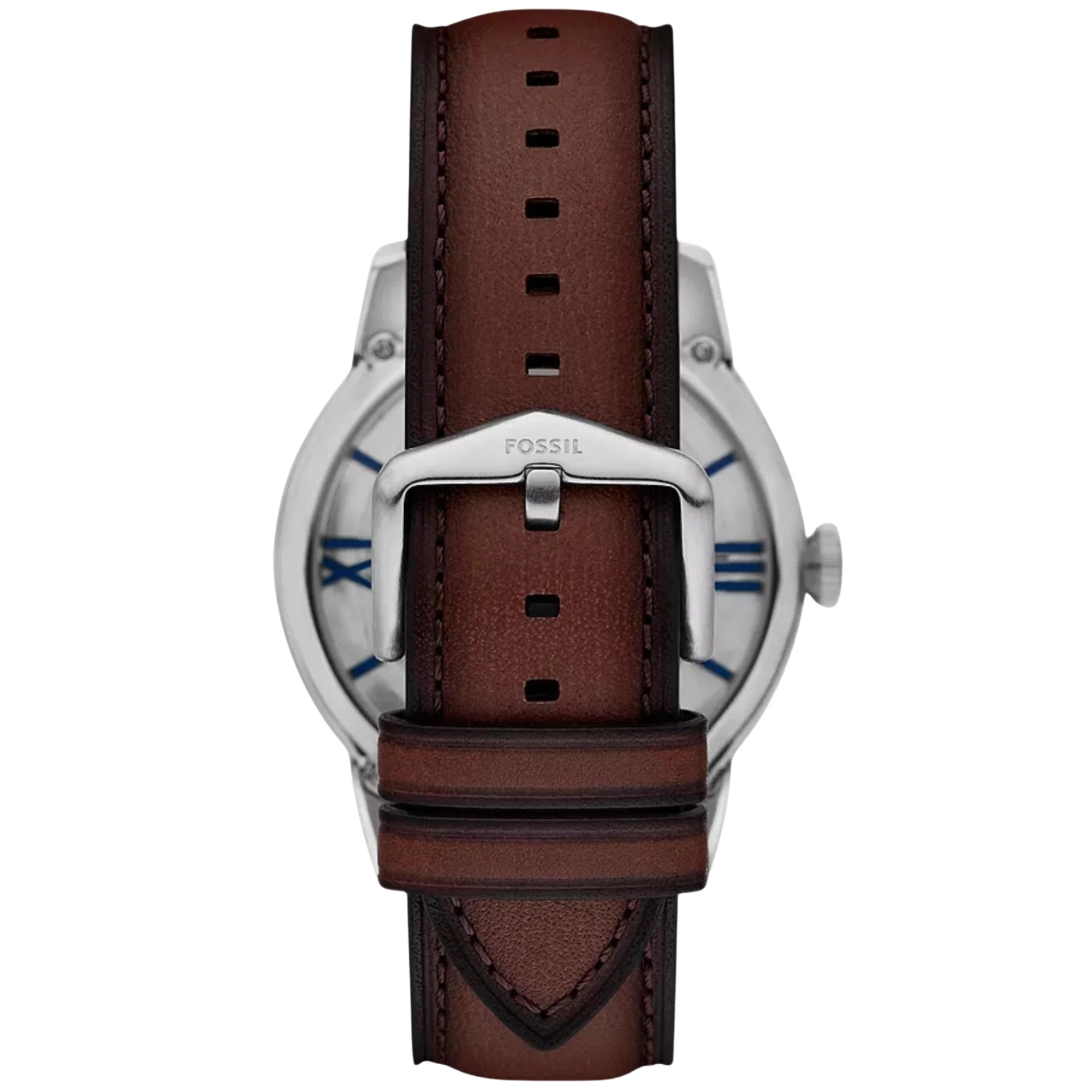 Fossil Townsman 44mm Skeleton Silver Dial Leather Mens Automatic Watch ME3267 brown leather strap and buckle detail
