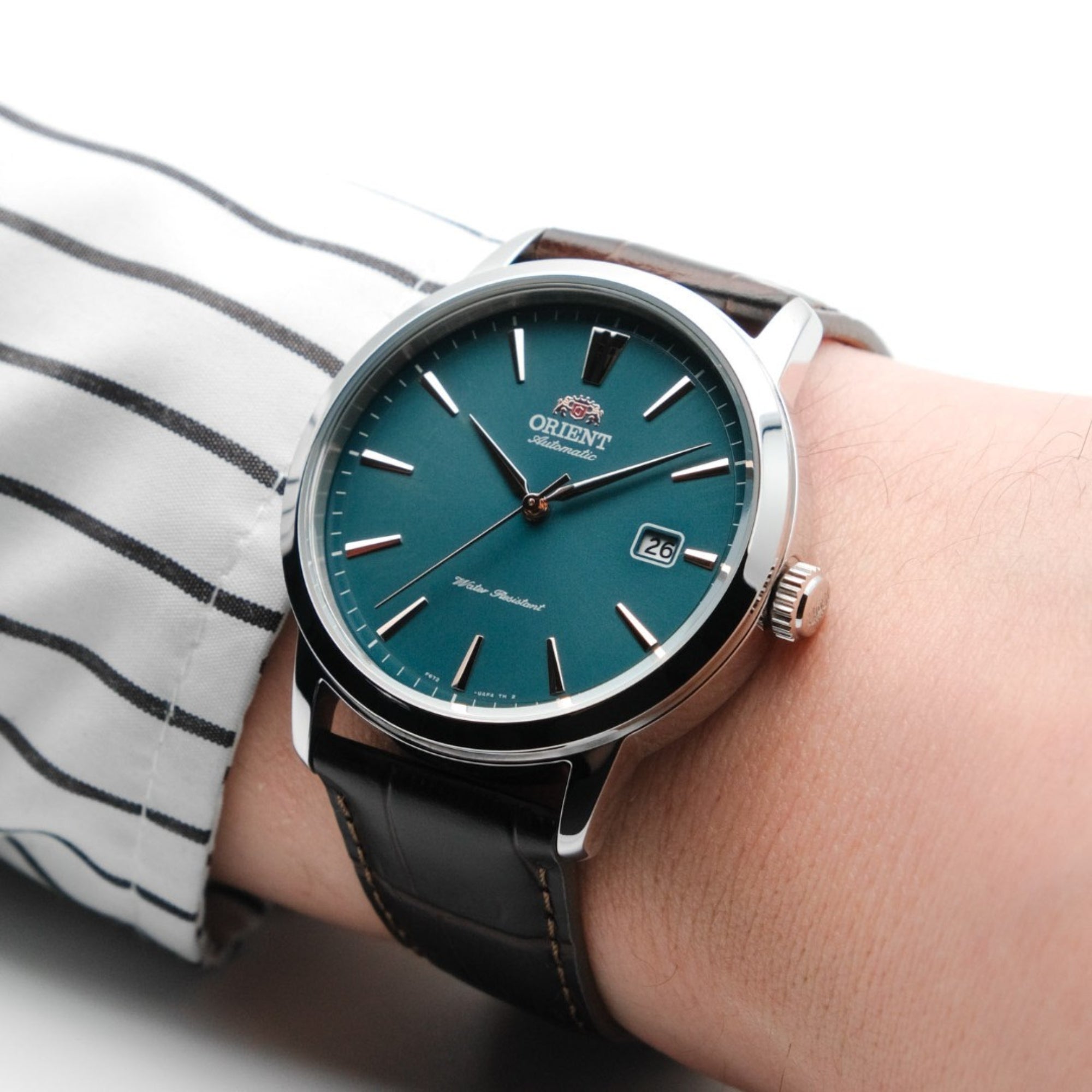 Orient Contemporary RA-AC0F13E30B automatic watch worn on wrist