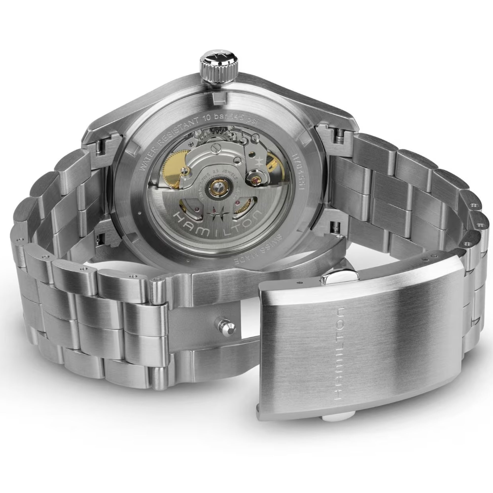 Hamilton Khaki Field H70455140 see-through caseback revealing H-10 movement