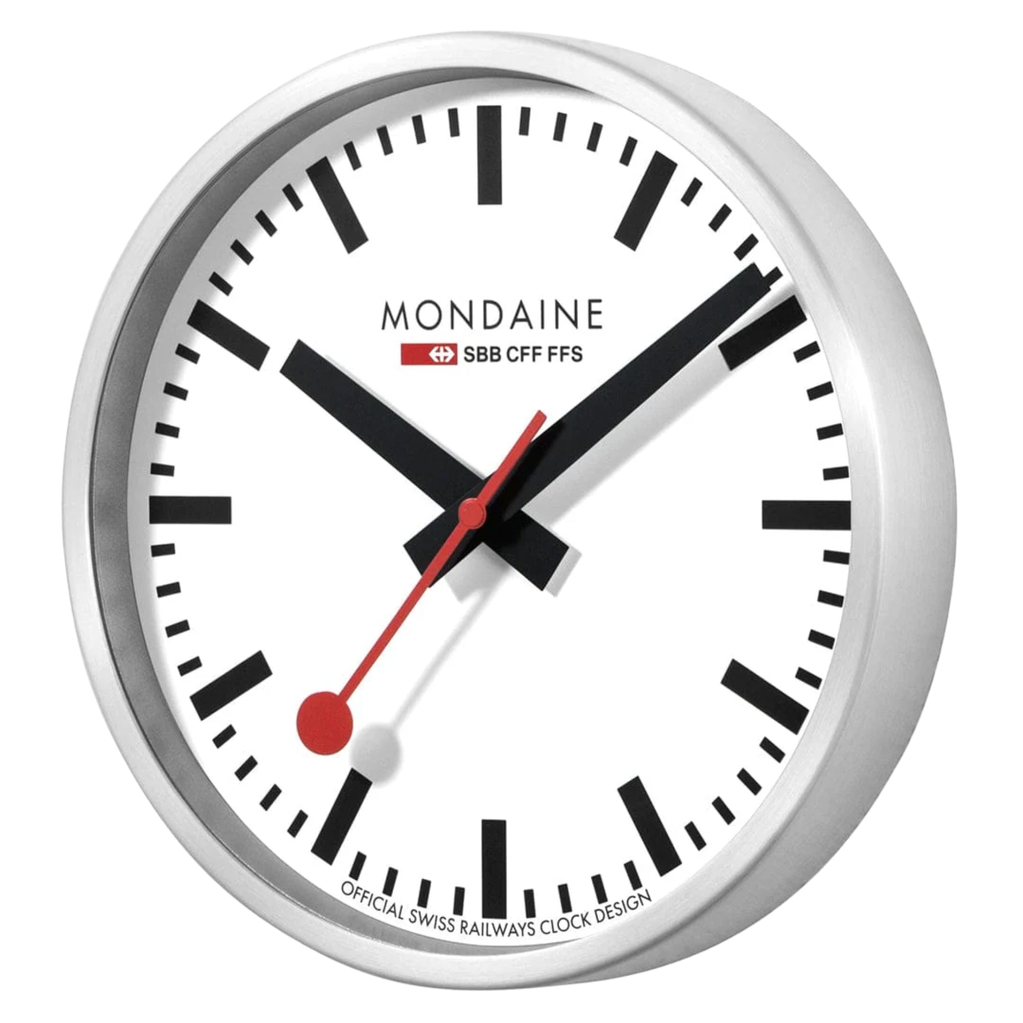 Mondaine quartz wall clock A990.CLOCK.16SBB showing white face, red seconds hand, and clock thickness