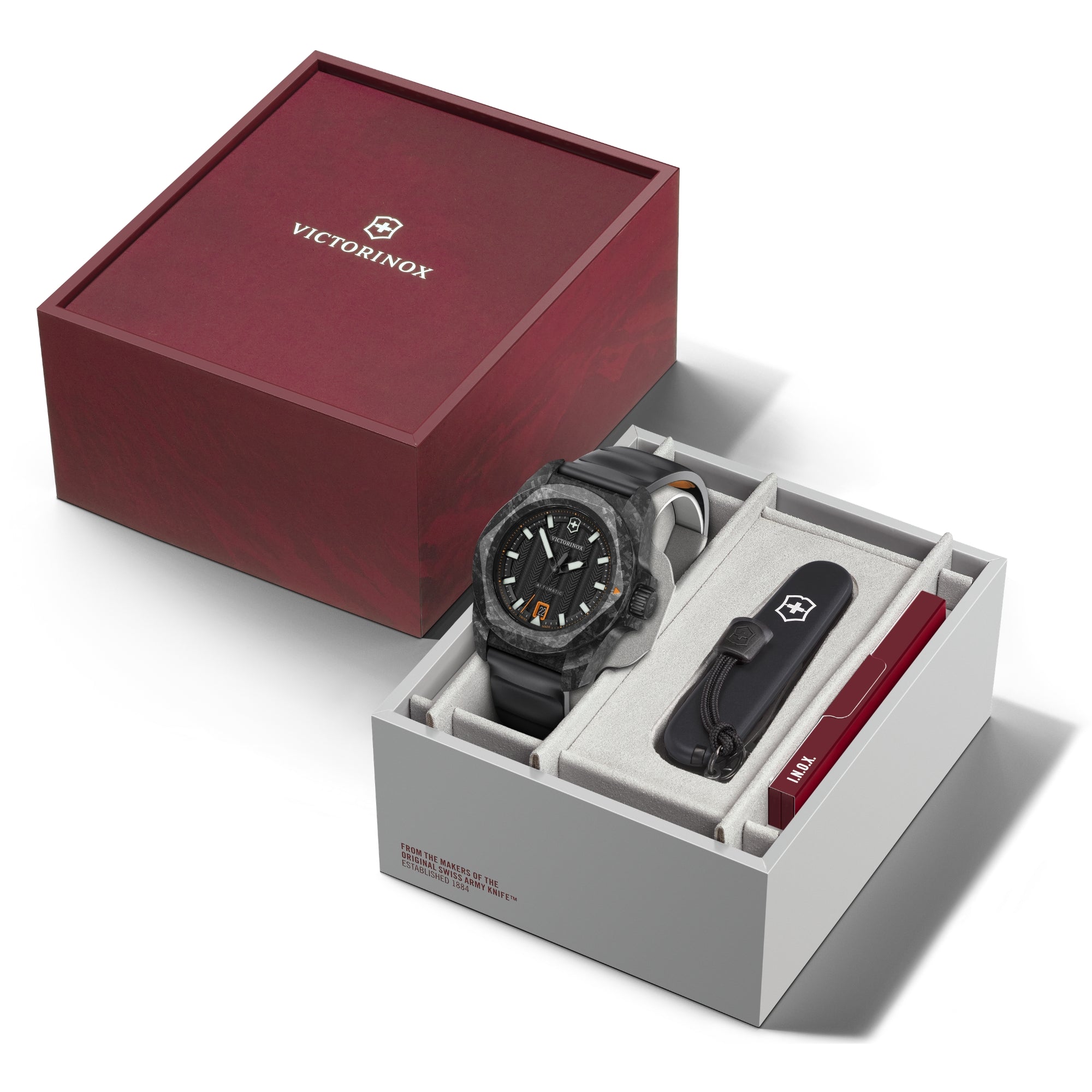 Victorinox I.N.O.X. 242023.1 automatic watch and Swiss Army knife presented in elegant red luxury gift box packaging