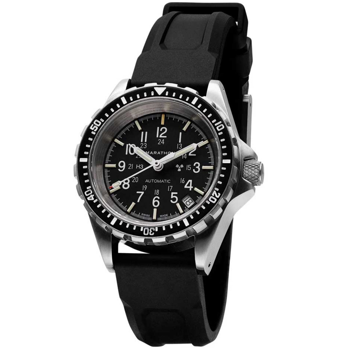 Marathon automatic diver’s watch front view with black dial, bezel, and black rubber strap