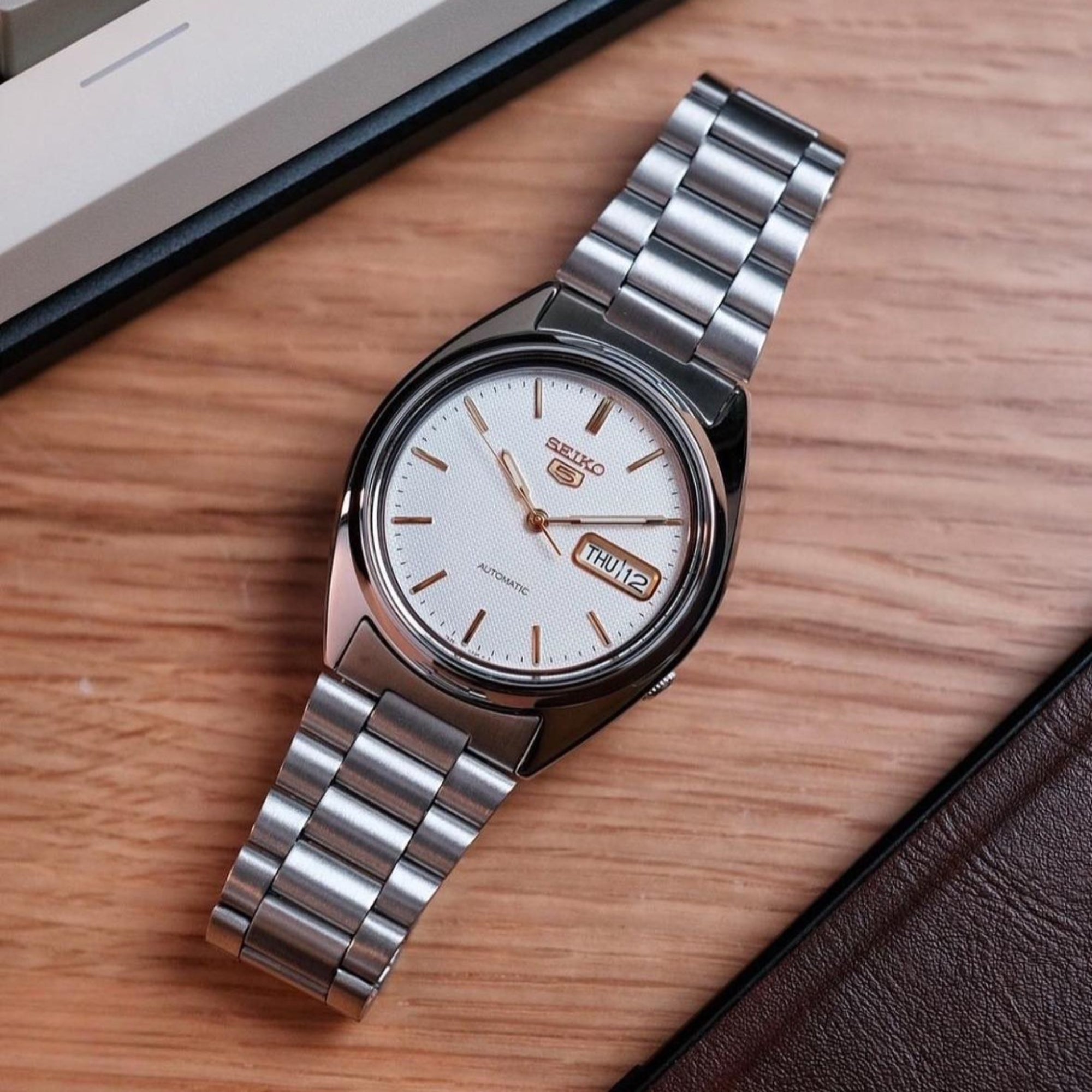 Seiko 5 Automatic White Dial Stainless Steel Bracelet Men's Watch SNXG47K1 - WatchNation