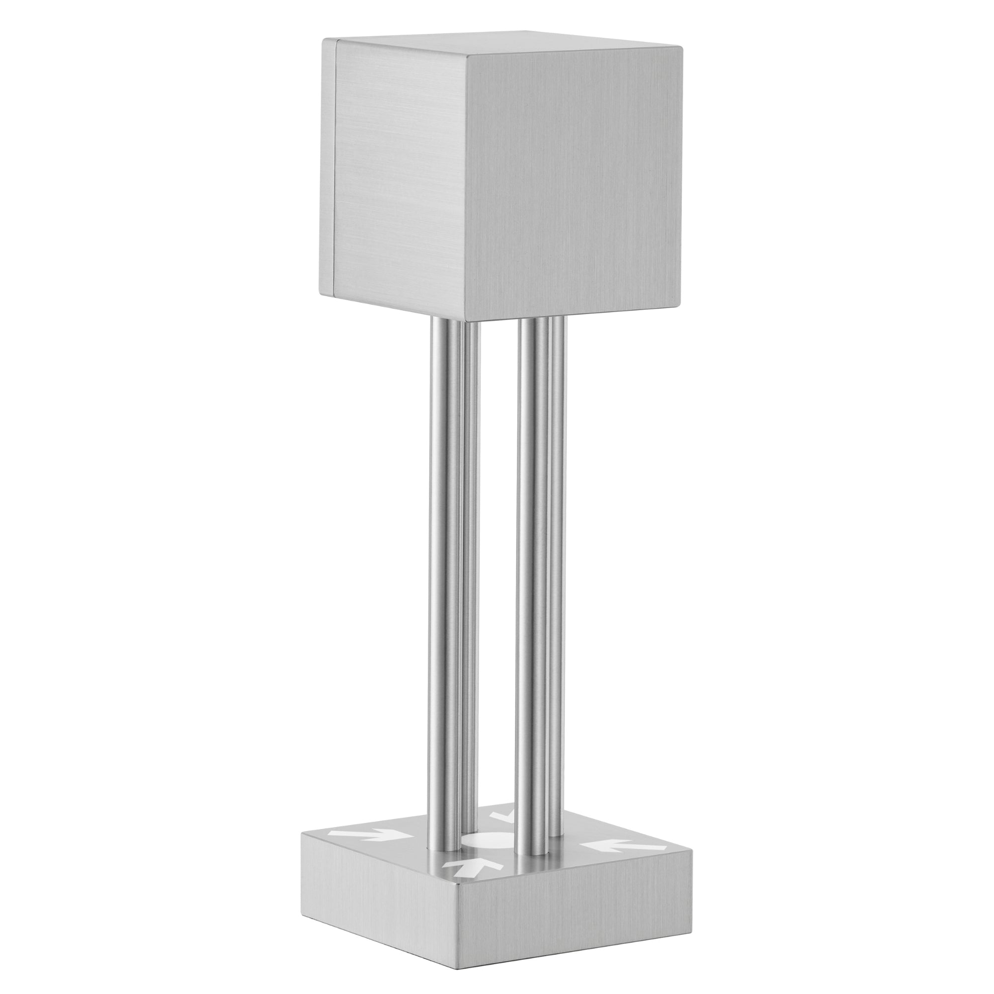 Back view of brushed aluminum miniature table clock with vertical columns