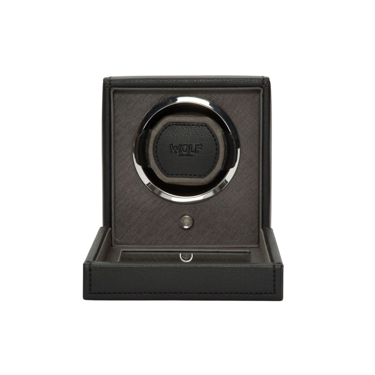 WOLF Cub 461103 front view displaying black single watch winder with glass cover door folded open