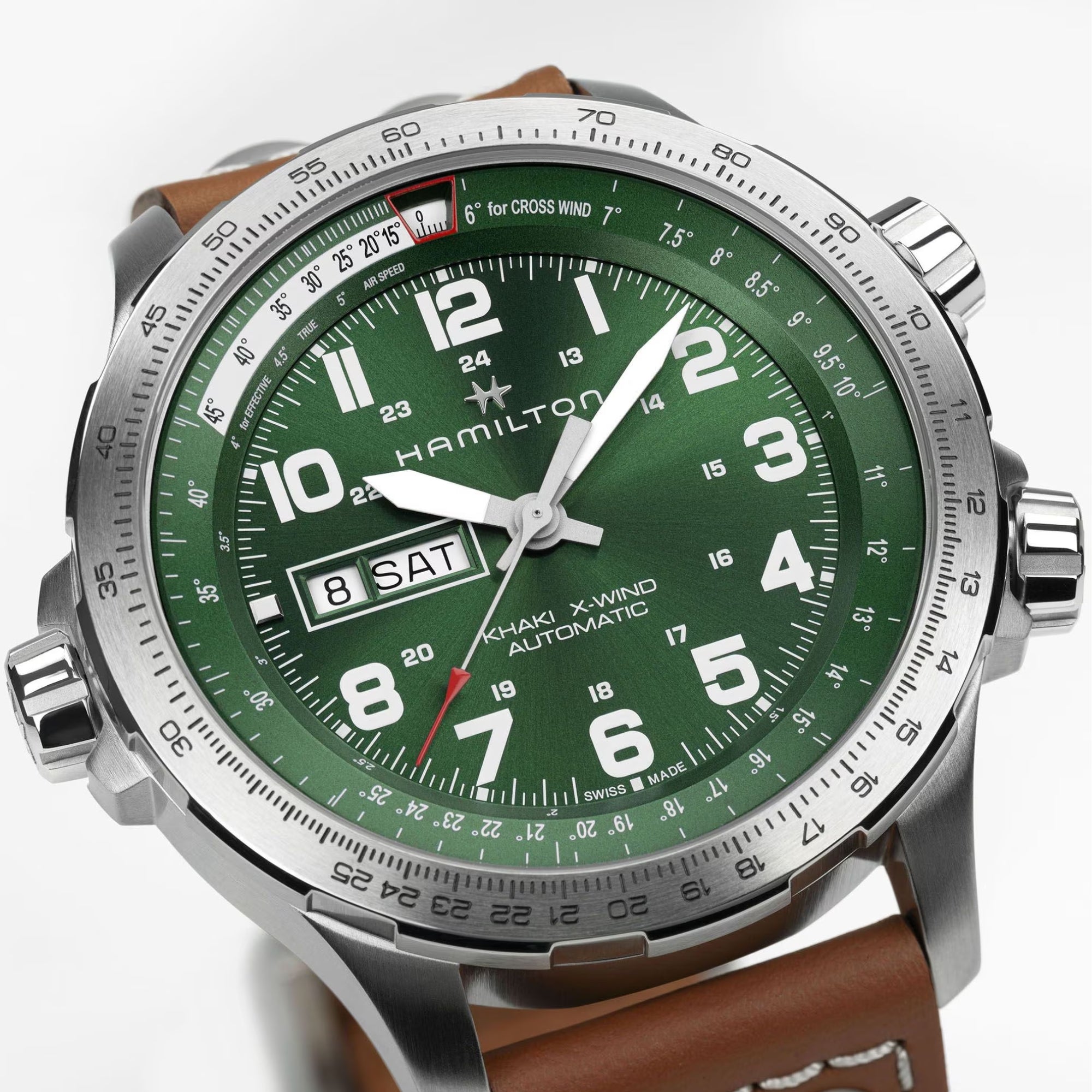 Hamilton Khaki Aviation H77735560 green dial with day-date display at 9 o'clock close-up