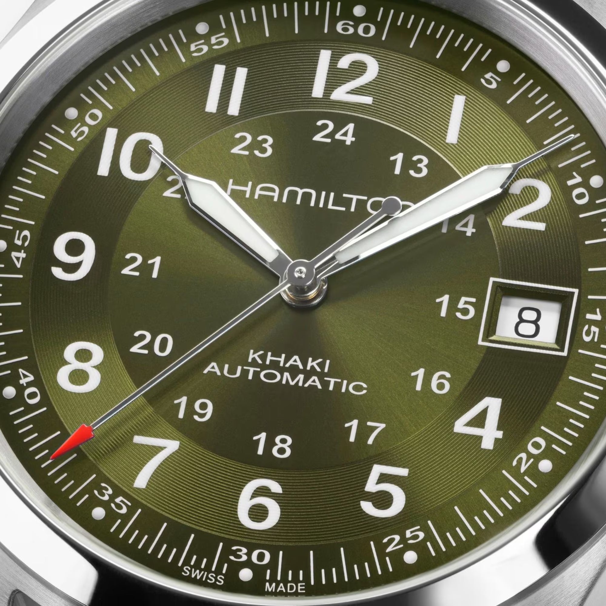 Hamilton Khaki Field H70455160 green dial face and hands close up