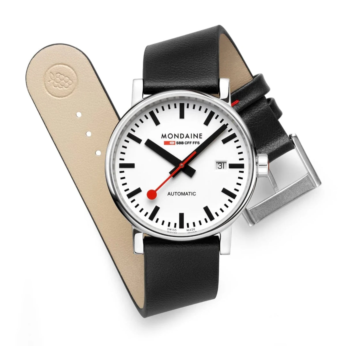 Mondaine Evo2 men’s automatic watch on black leather strap, white dial with date