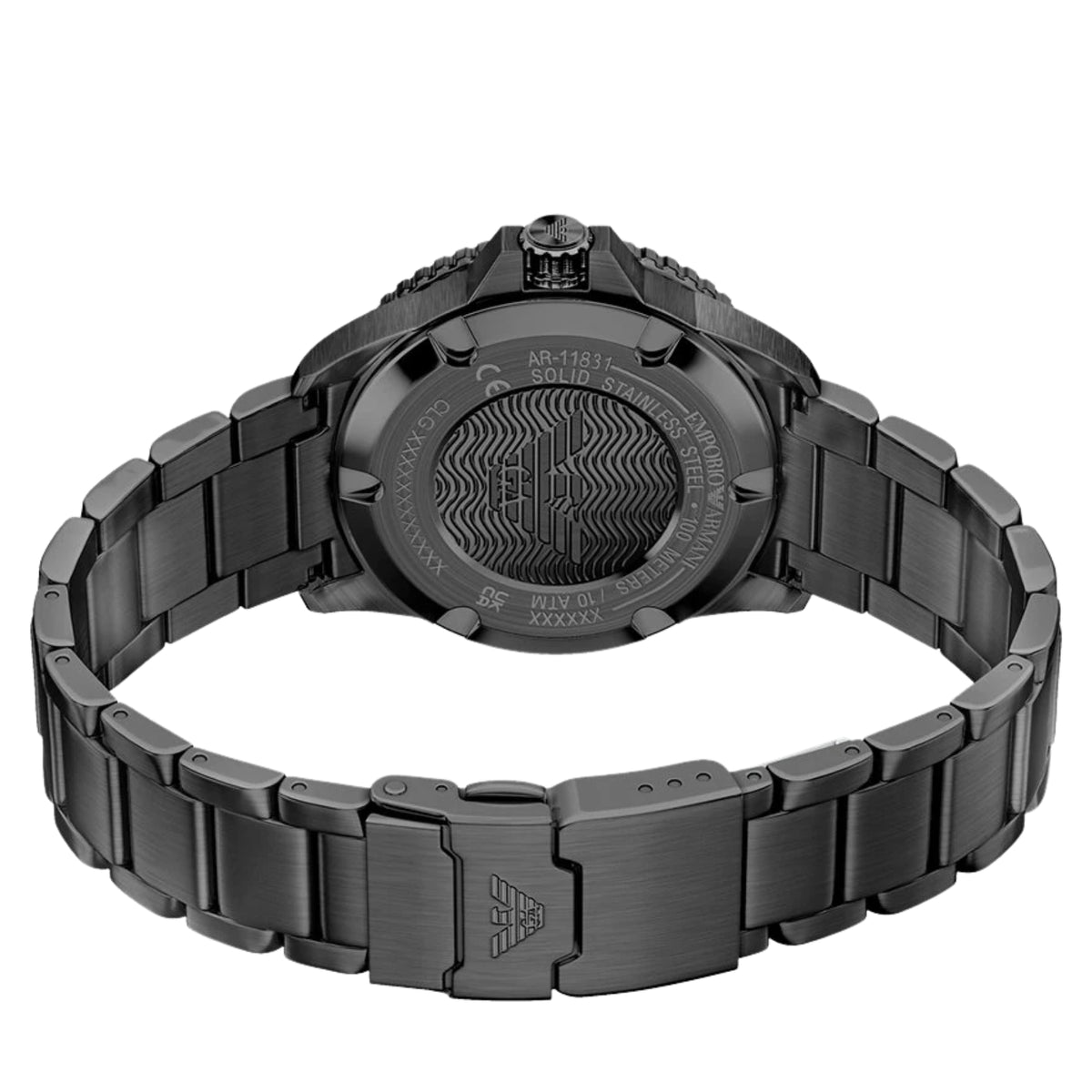 Straight back view of the Emporio Armani World Explorer AR11831 watch featuring the black stainless steel bracelet and engraved closure