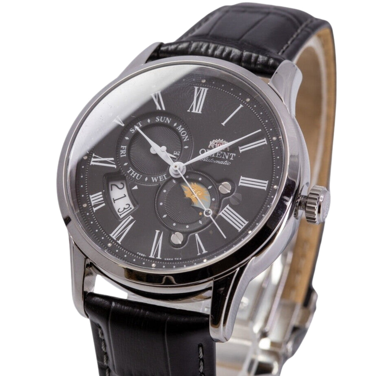 Orient Bambino 42.5mm Sun & Moon Black Dial Leather Mens Automatic Watch RA-AK0010B30B