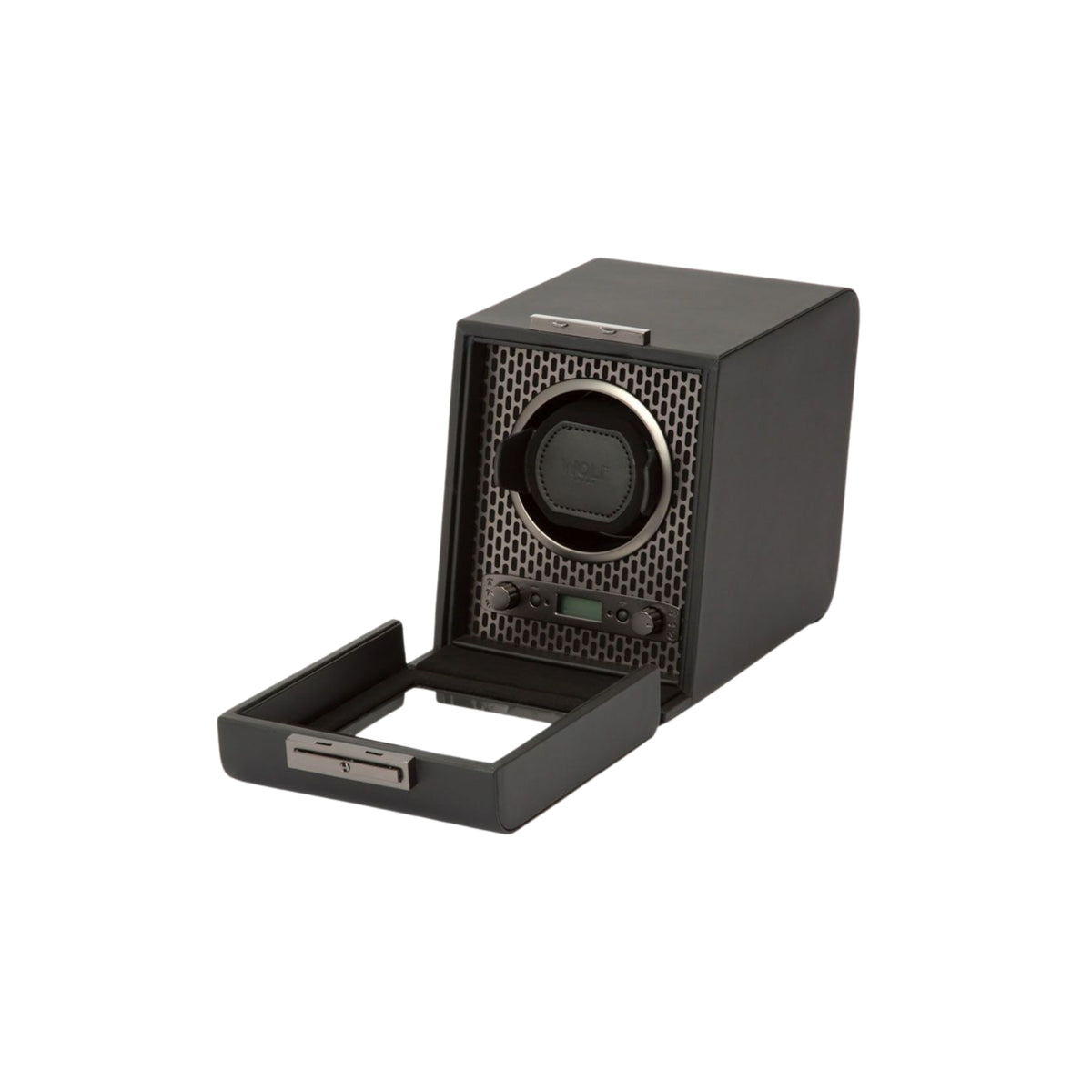 WOLF Axis 469103 perspective view displaying open powder coat single watch winder with front door lowered