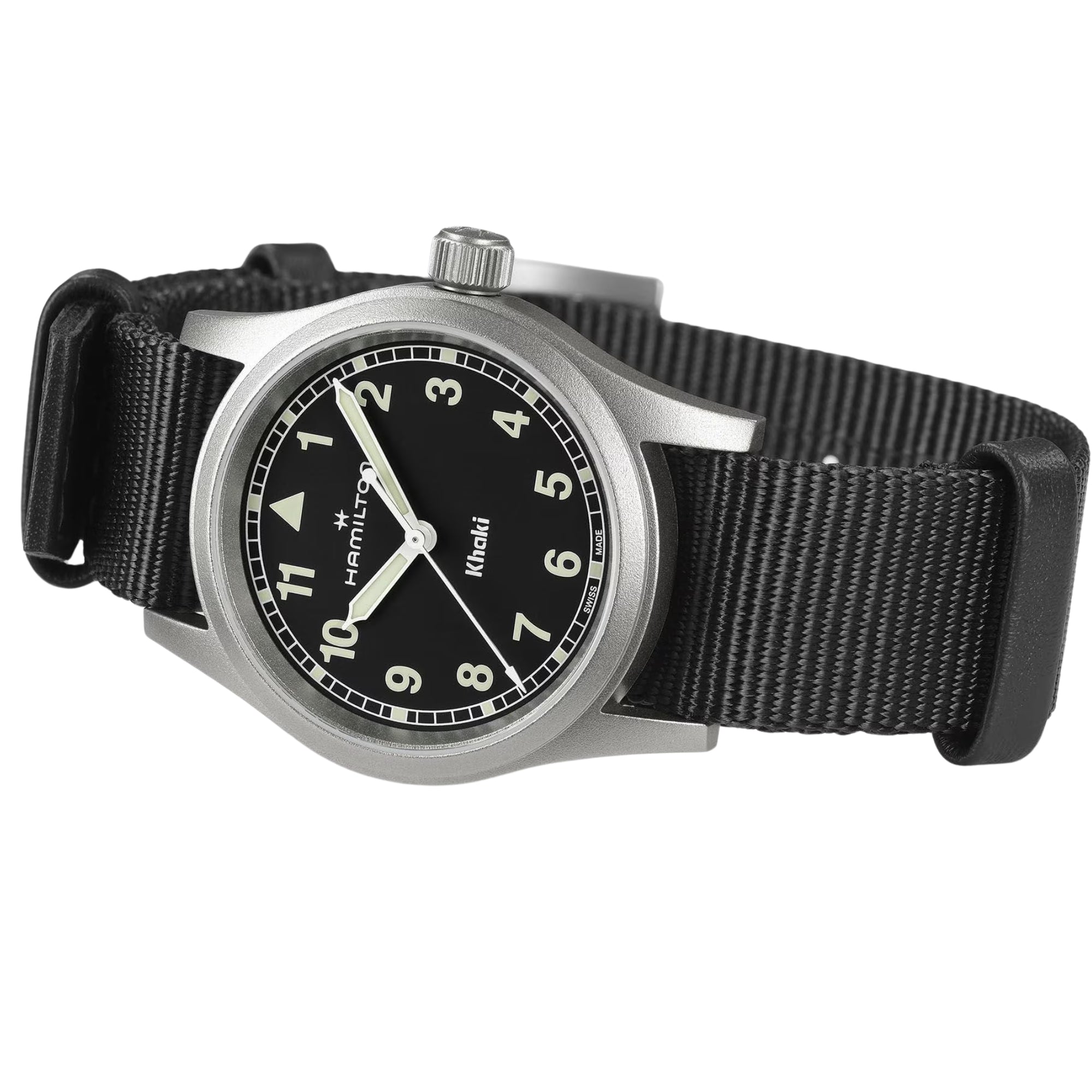 Hamilton Khaki Field H69301430 black NATO strap and 33mm black dial on white background