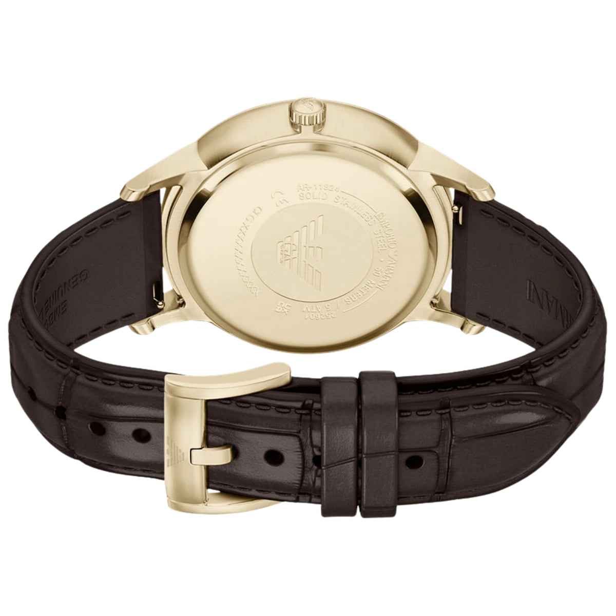 Angled rear view of the Emporio Armani Archetipo AR11824 watch showing the engraved steel case back and gold-toned pin buckle