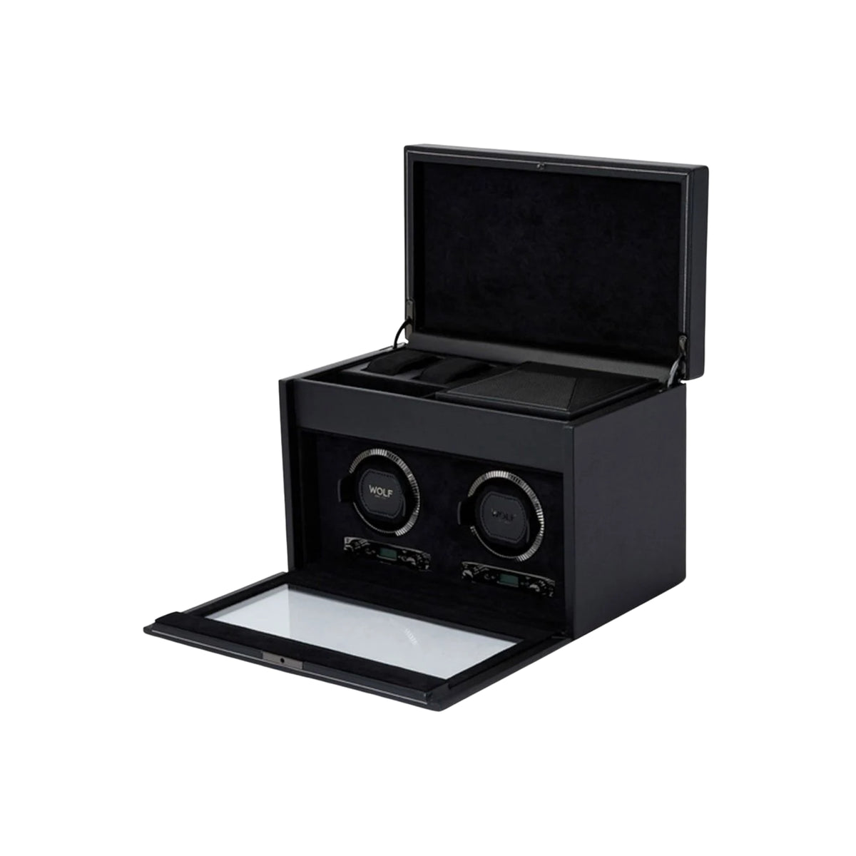 WOLF British Racing Black Double Watch Winder with Storage 792202