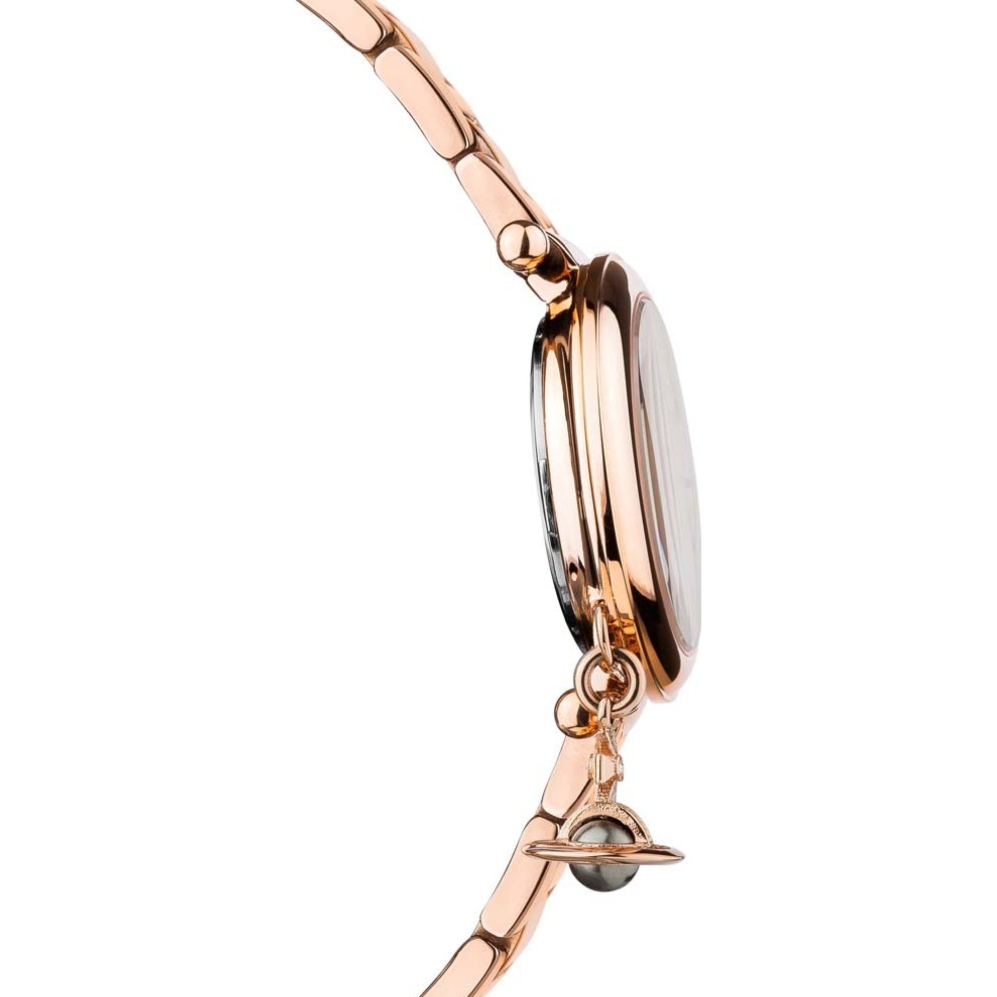 Slim profile view of the Vivienne Westwood Mother Orb VV006PBRRS ladies watch case, rose gold steel bracelet, and dangling charm.