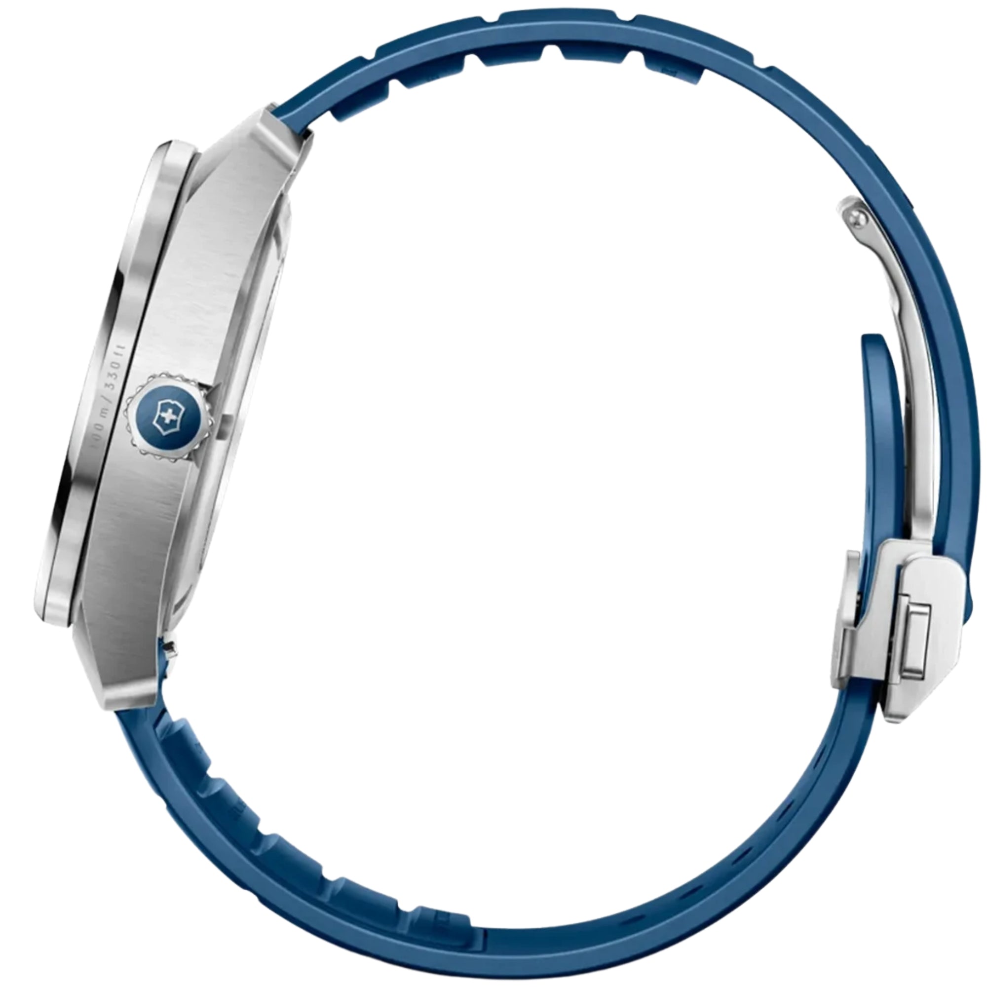 Side profile of a silver Victorinox watch with a textured blue rubber strap