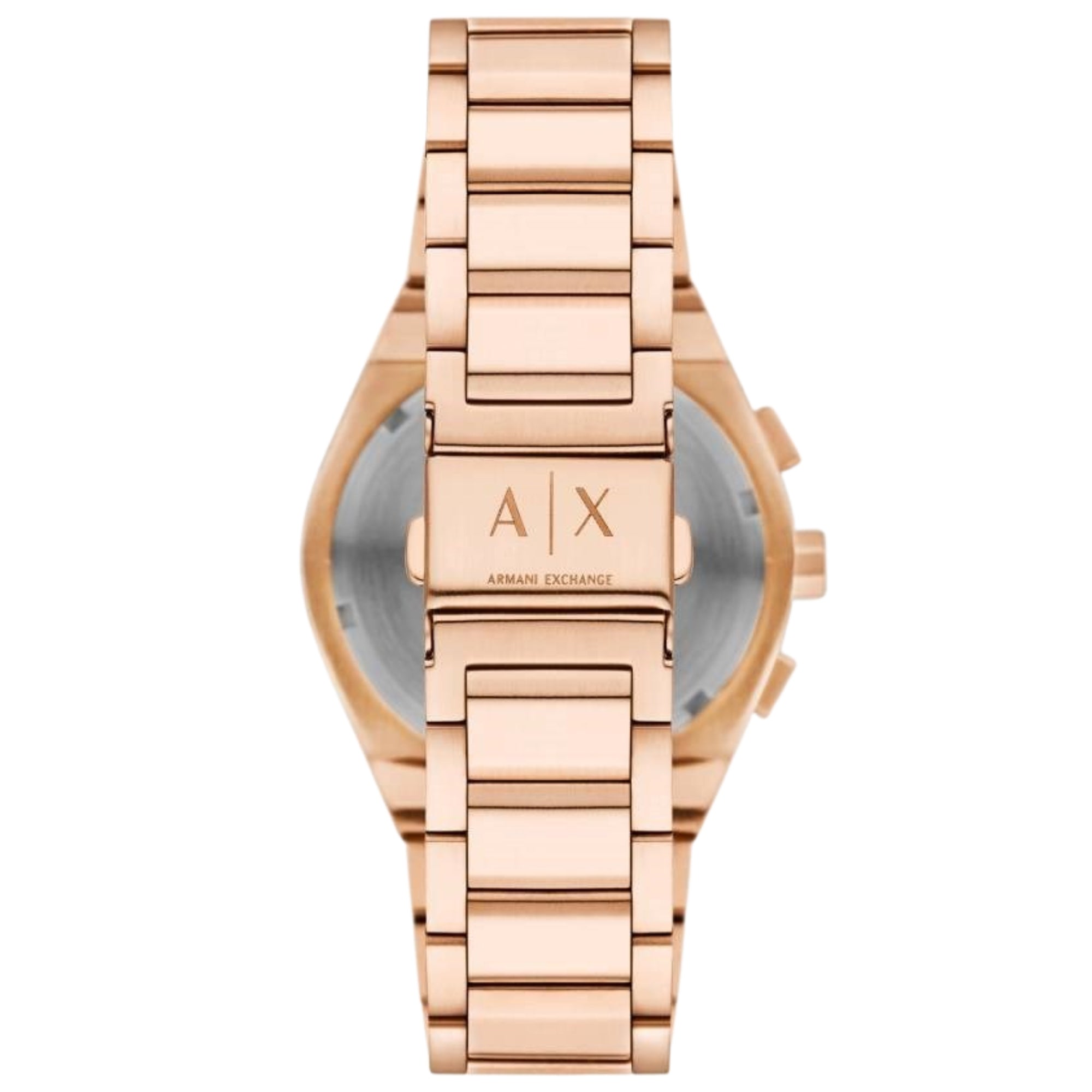 Rose-tone steel chronograph watch with brown dial, A|X branding, metal bracelet