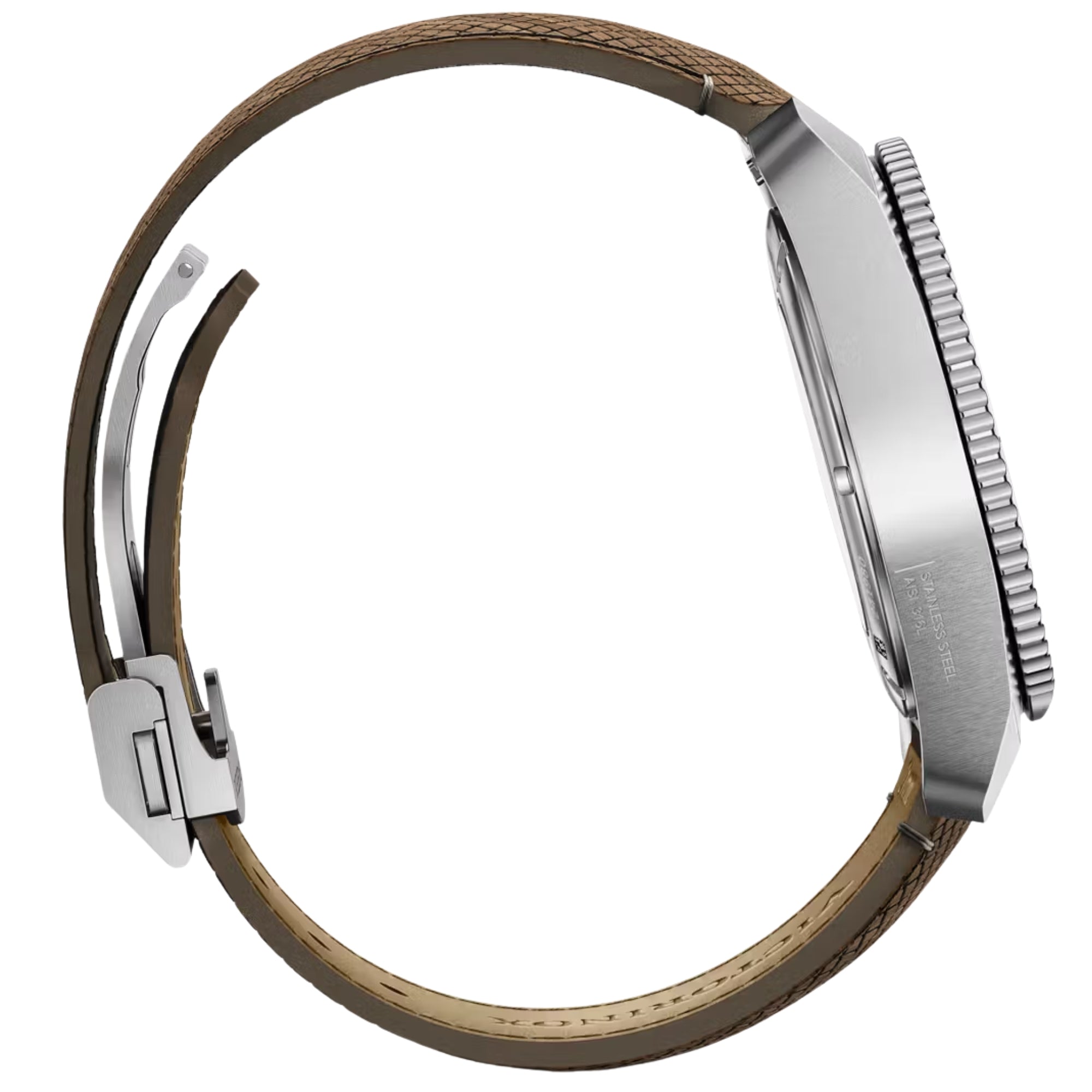 A side-profile view of the Victorinox watch showing its stainless steel case and brown strap with a deployment clasp