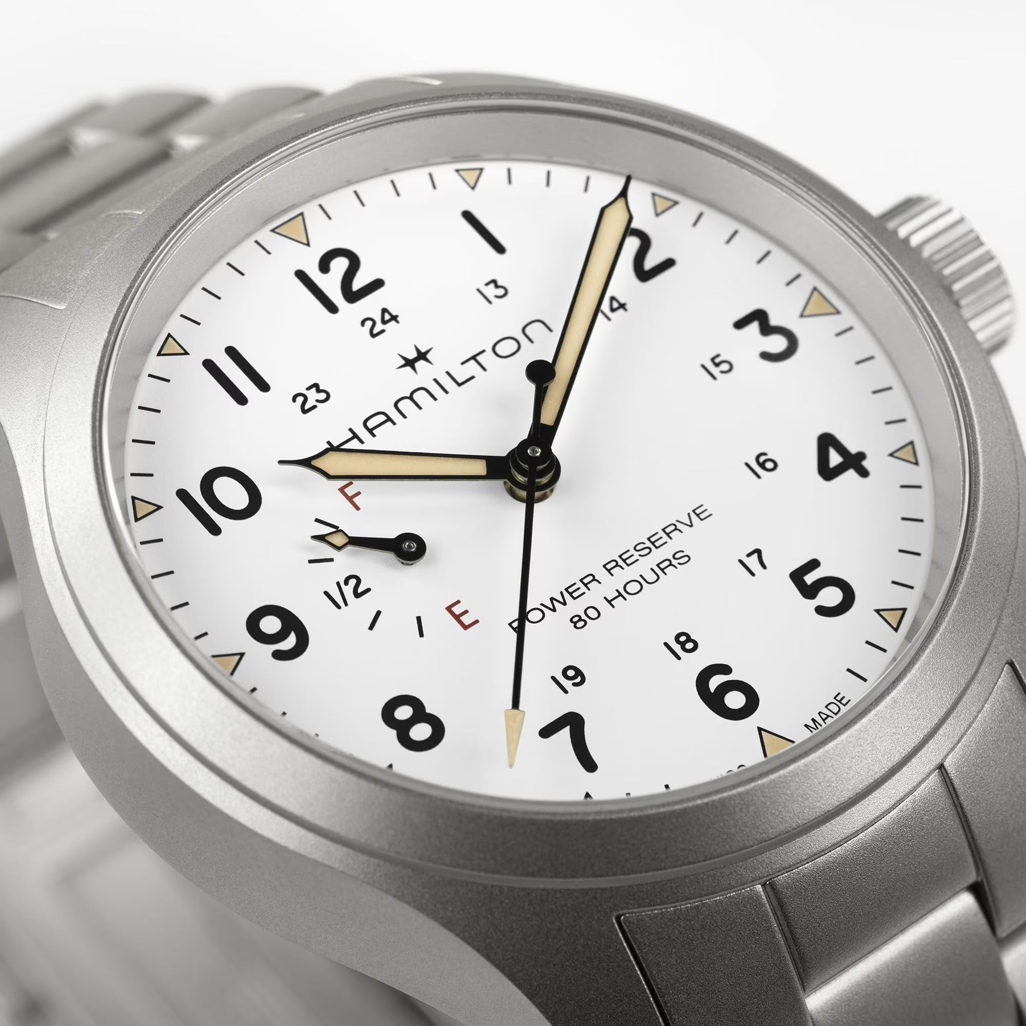 Hamilton Khaki Field H69509110 white dial with power reserve indicator at 9 o’clock close-up