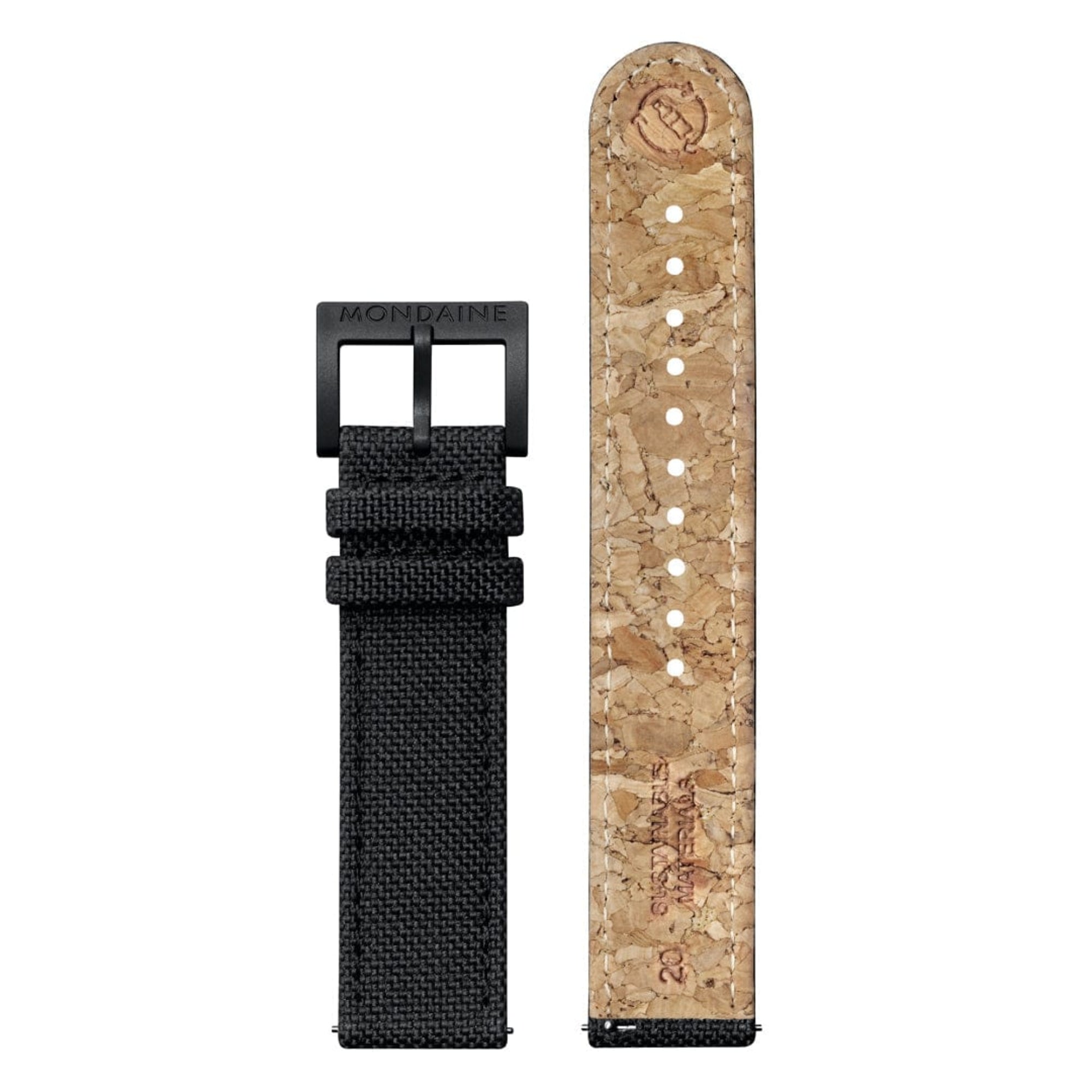 Mondaine Essence MS1.41910.LB replacement strap featuring black woven outer textile and natural cork backing