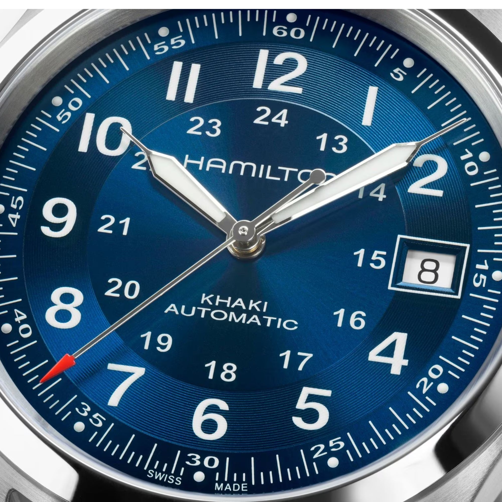 Hamilton Khaki Field H70455140 navy blue sunray dial with 24-hour scale close-up