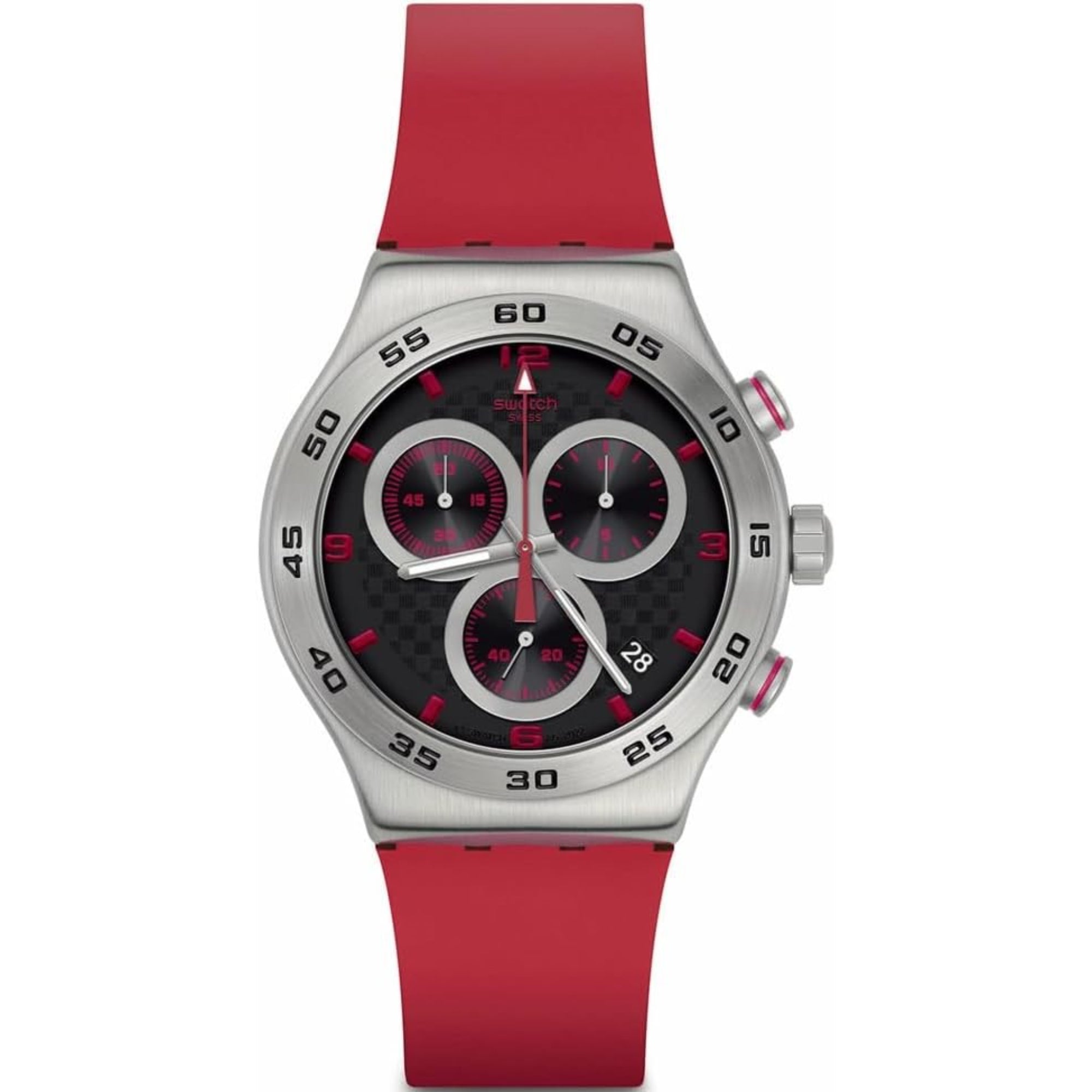 Swatch CRIMSON CARBONIC RED Red Silicone Strap Steel Case Black Dial Unisex Watch YVS524