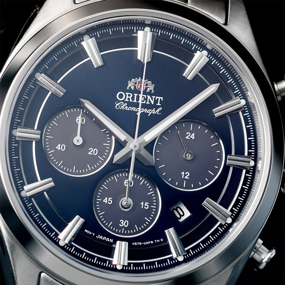 Orient Contemporary Stretto Date Solar Chronograph Navy Dial Steel Strap Men’s Watch RA-TX0303L10B