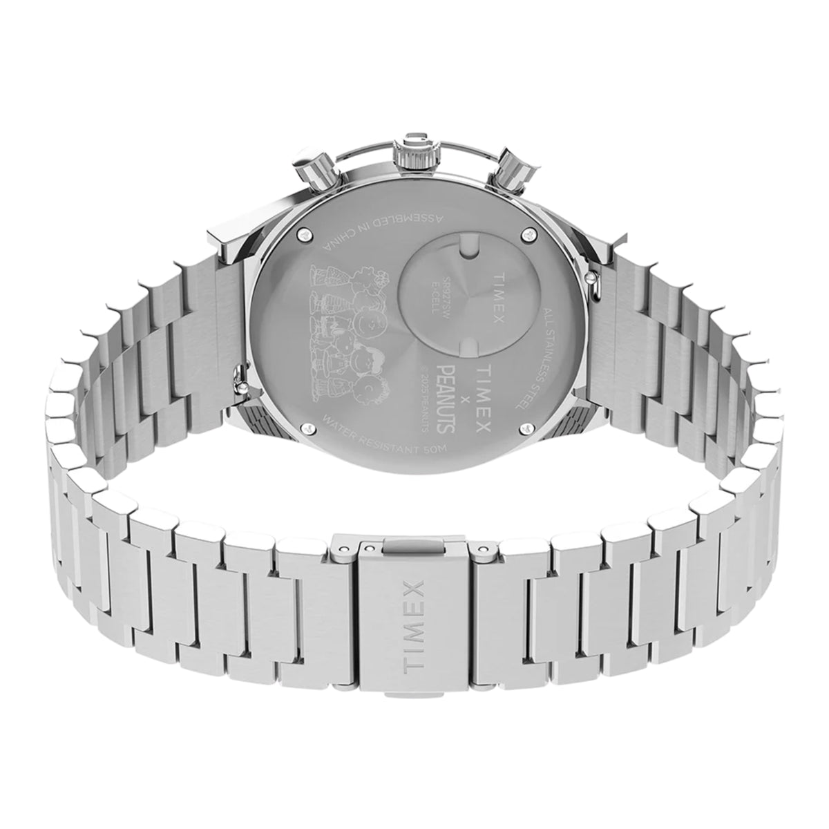 Timex Peanuts TW2Y45300 back view displaying engraved Peanuts characters on case back and steel bracelet clasp