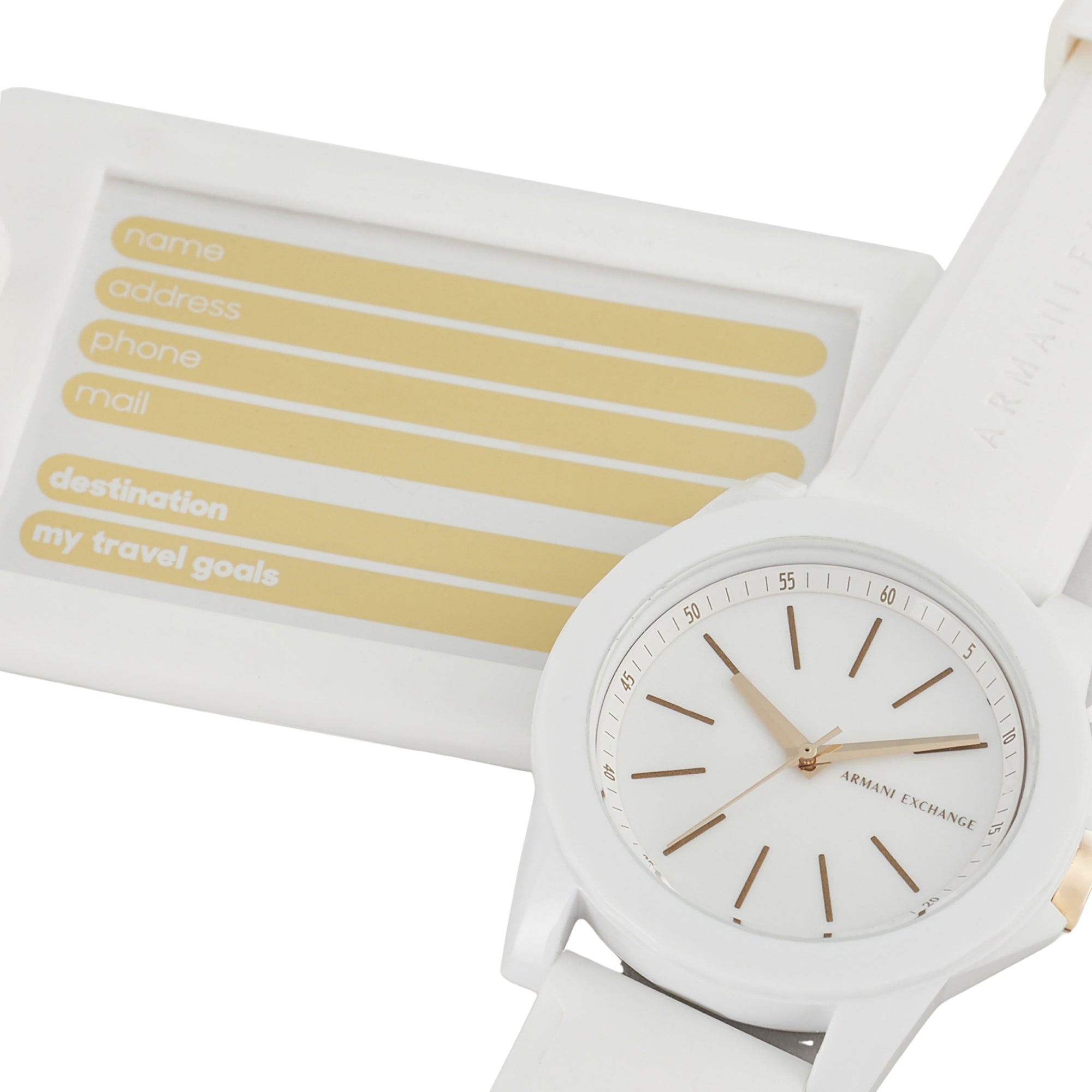 White dial quartz watch with gold-tone markers and white silicone strap