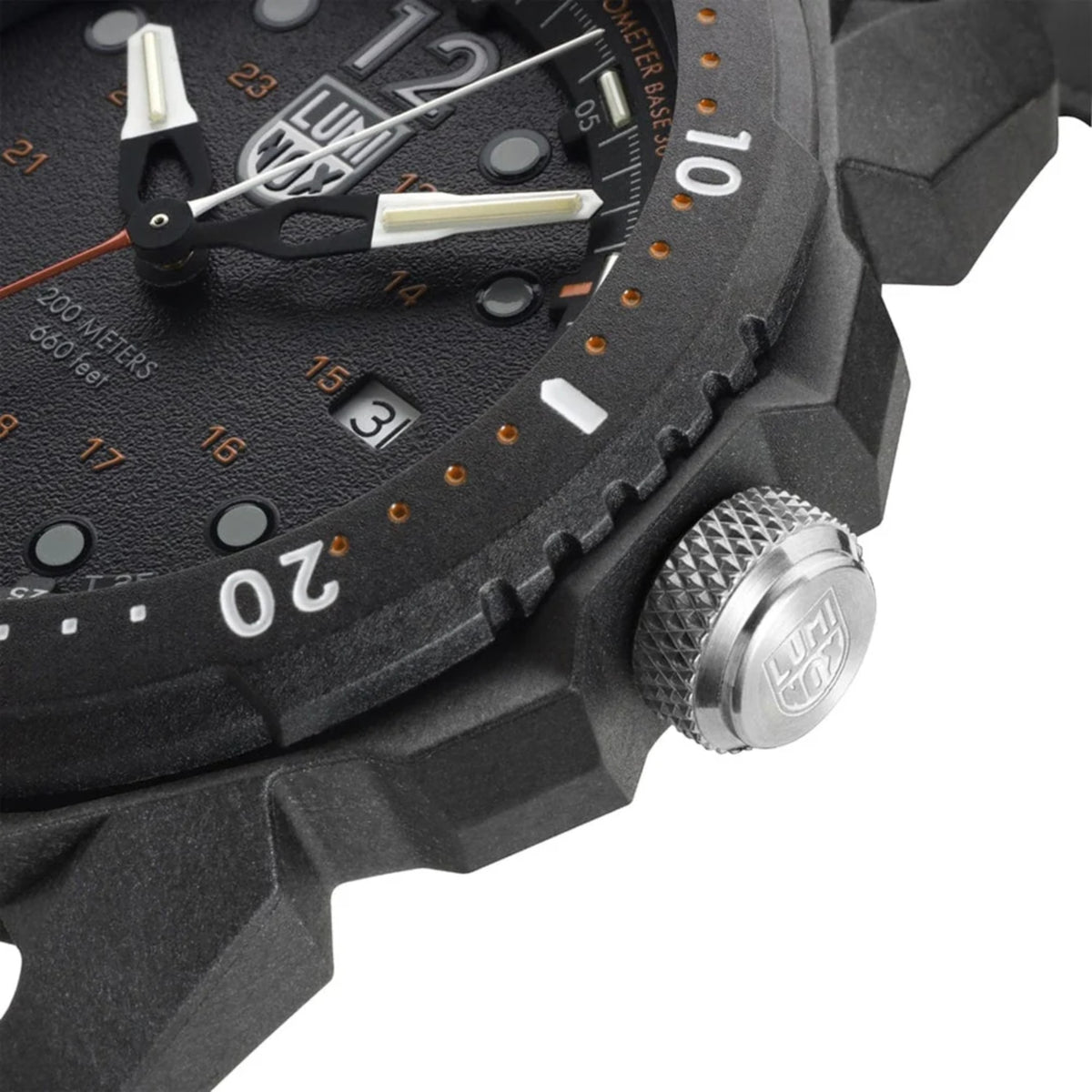 Luminox ICE SAR Arctic 1050 Series XL.1052 close up of black bezel and silver crown