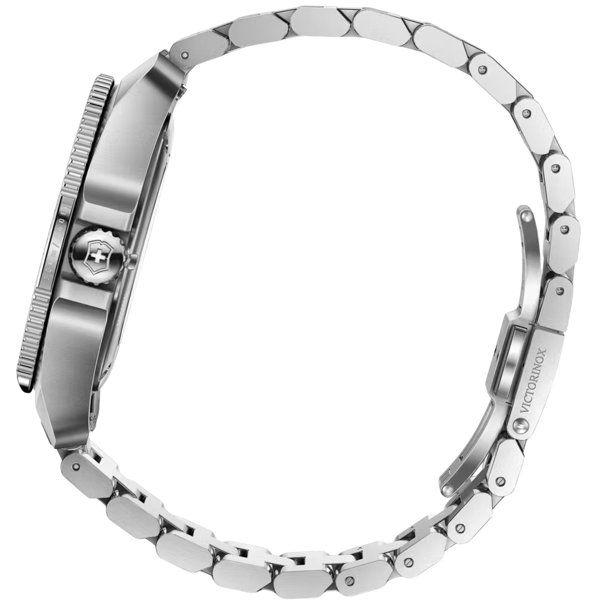 Side profile of Victorinox Journey 1884 242015 showing stainless steel case, crown and metal bracelet
