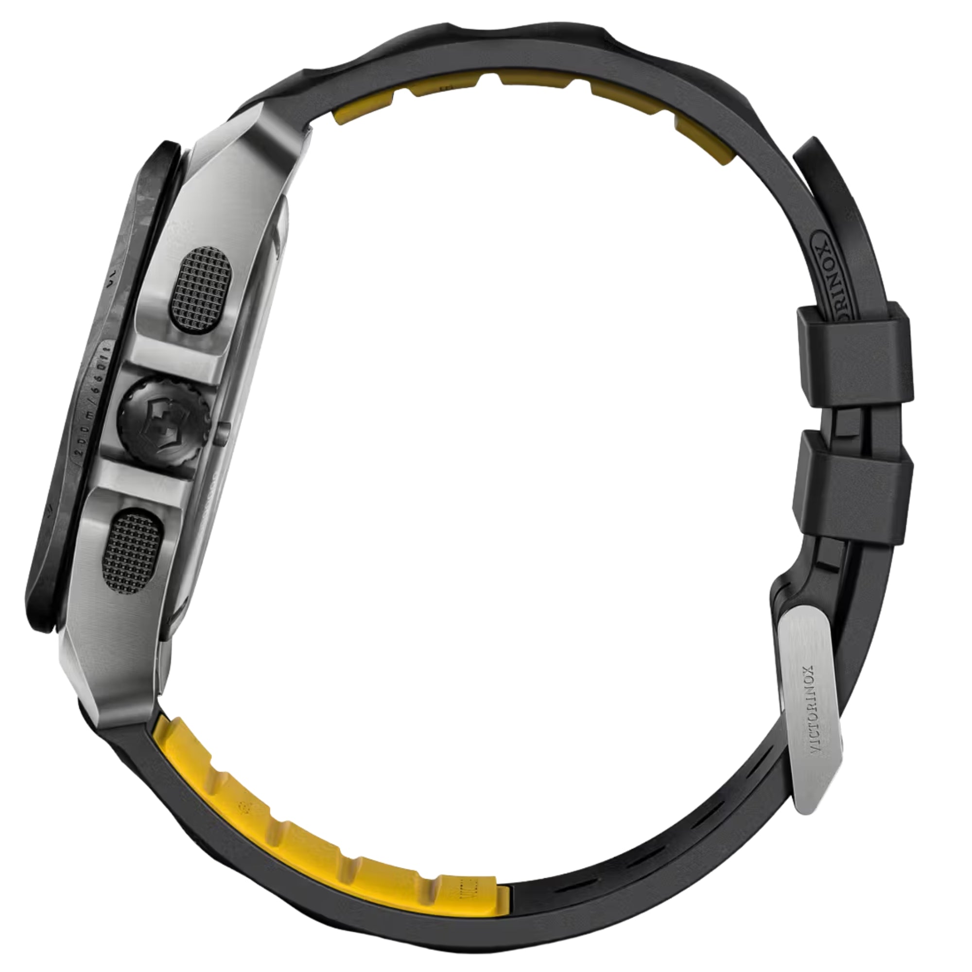 Victorinox I.N.O.X. 242011 titanium case back and black rubber strap with pin buckle side profile